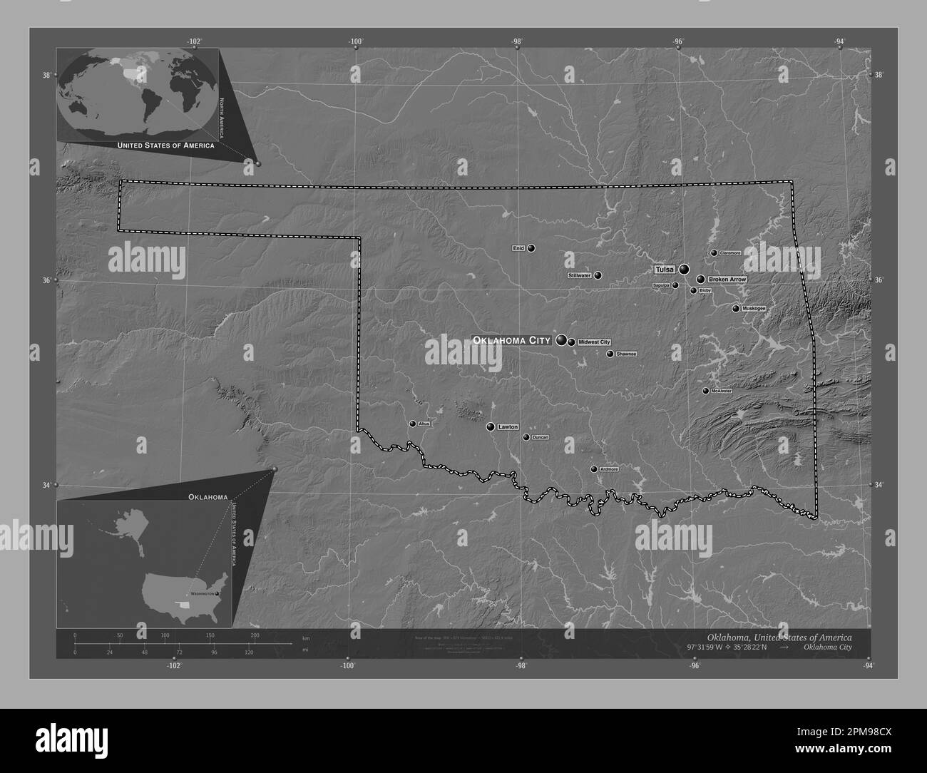 Oklahoma, stato degli Stati Uniti d'America. Mappa altimetrica bilivello con laghi e fiumi. Località e nomi delle principali città della regione. Angolo au Foto Stock
