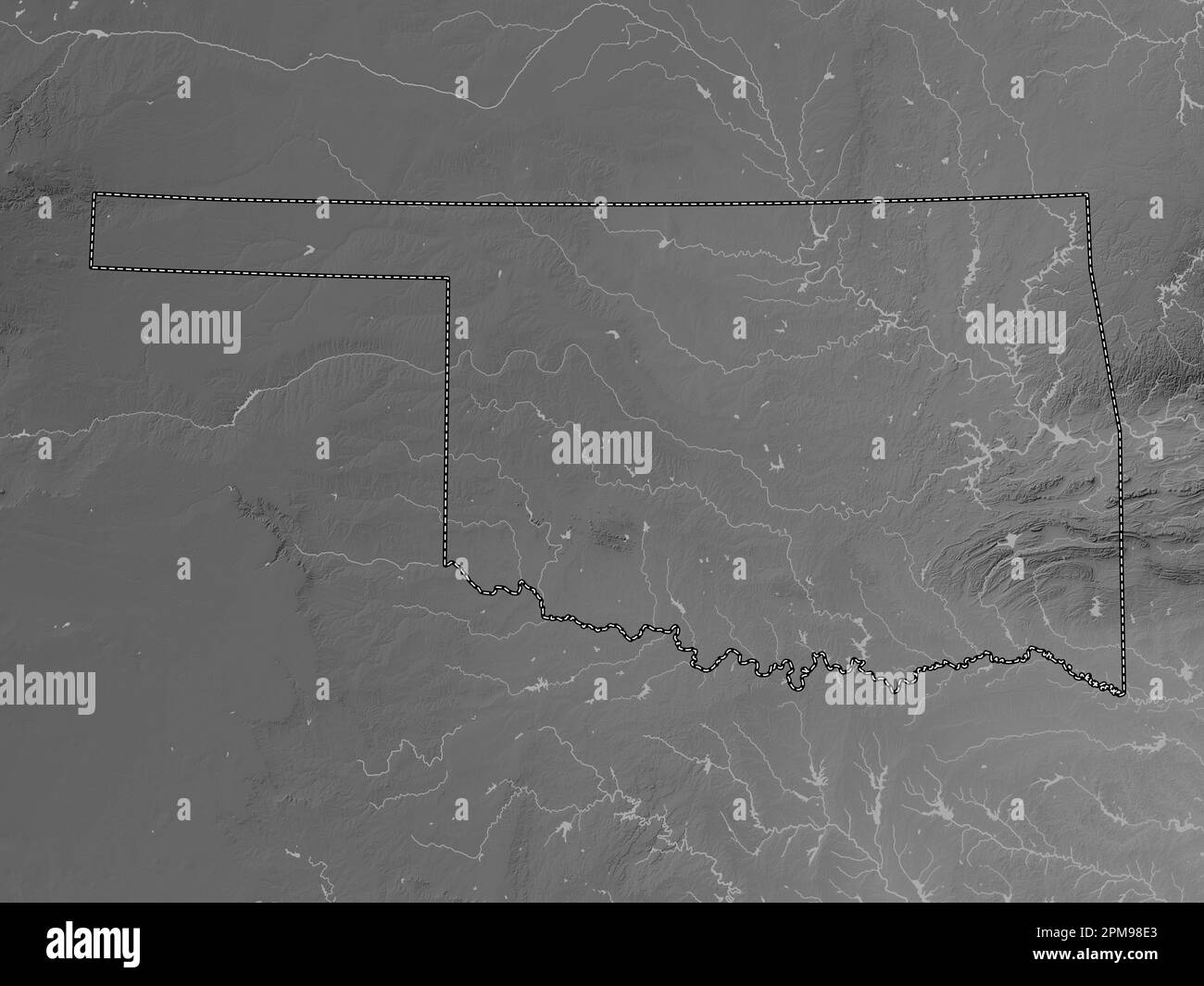 Oklahoma, stato degli Stati Uniti d'America. Mappa in scala di grigi con laghi e fiumi Foto Stock