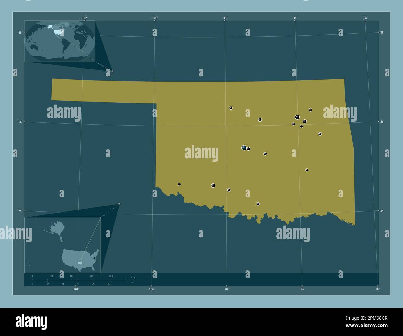 Oklahoma, stato degli Stati Uniti d'America. Forma a tinta unita. Posizioni delle principali città della regione. Mappe delle posizioni ausiliarie degli angoli Foto Stock