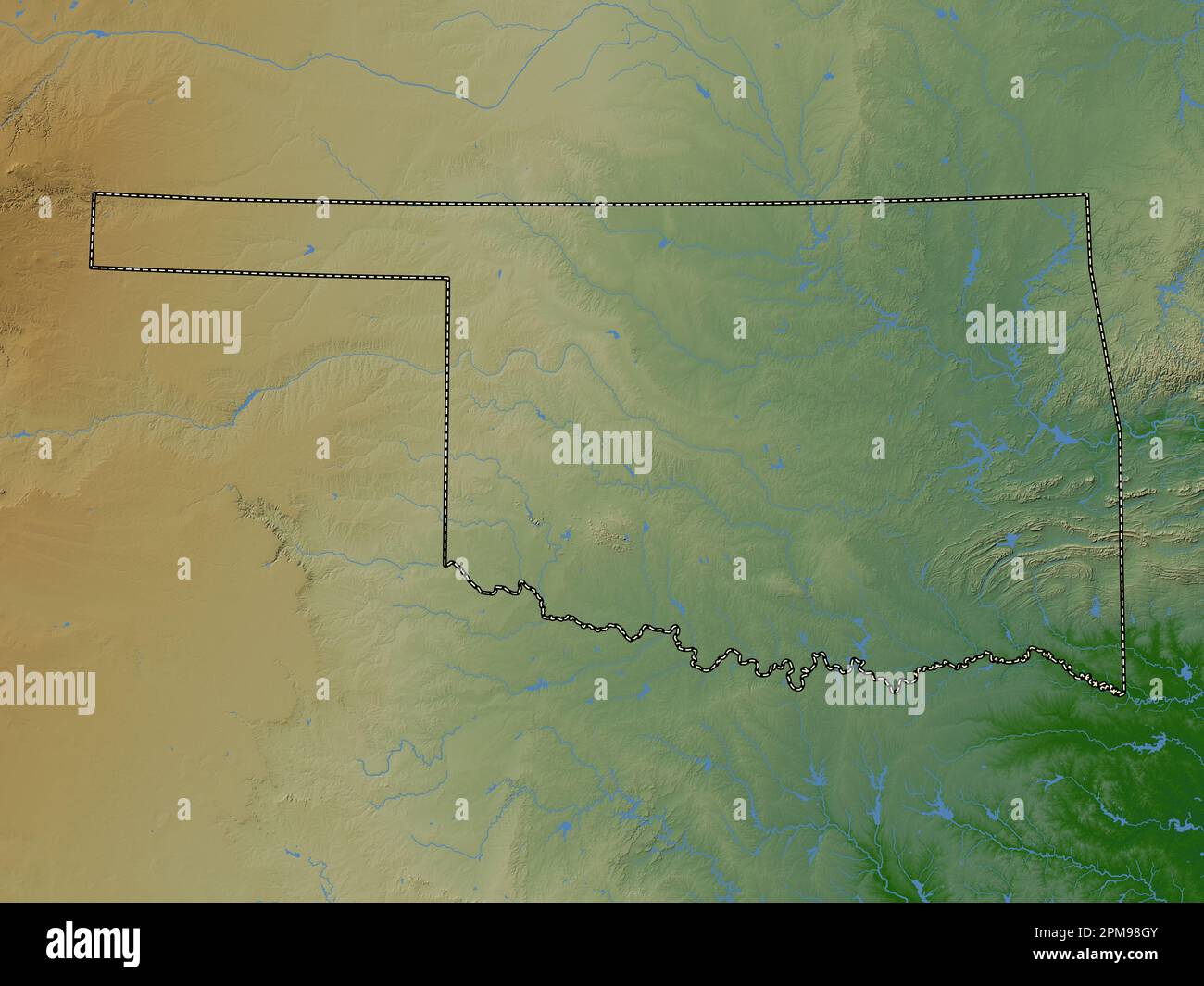 Oklahoma, stato degli Stati Uniti d'America. Mappa di altitudine colorata con laghi e fiumi Foto Stock