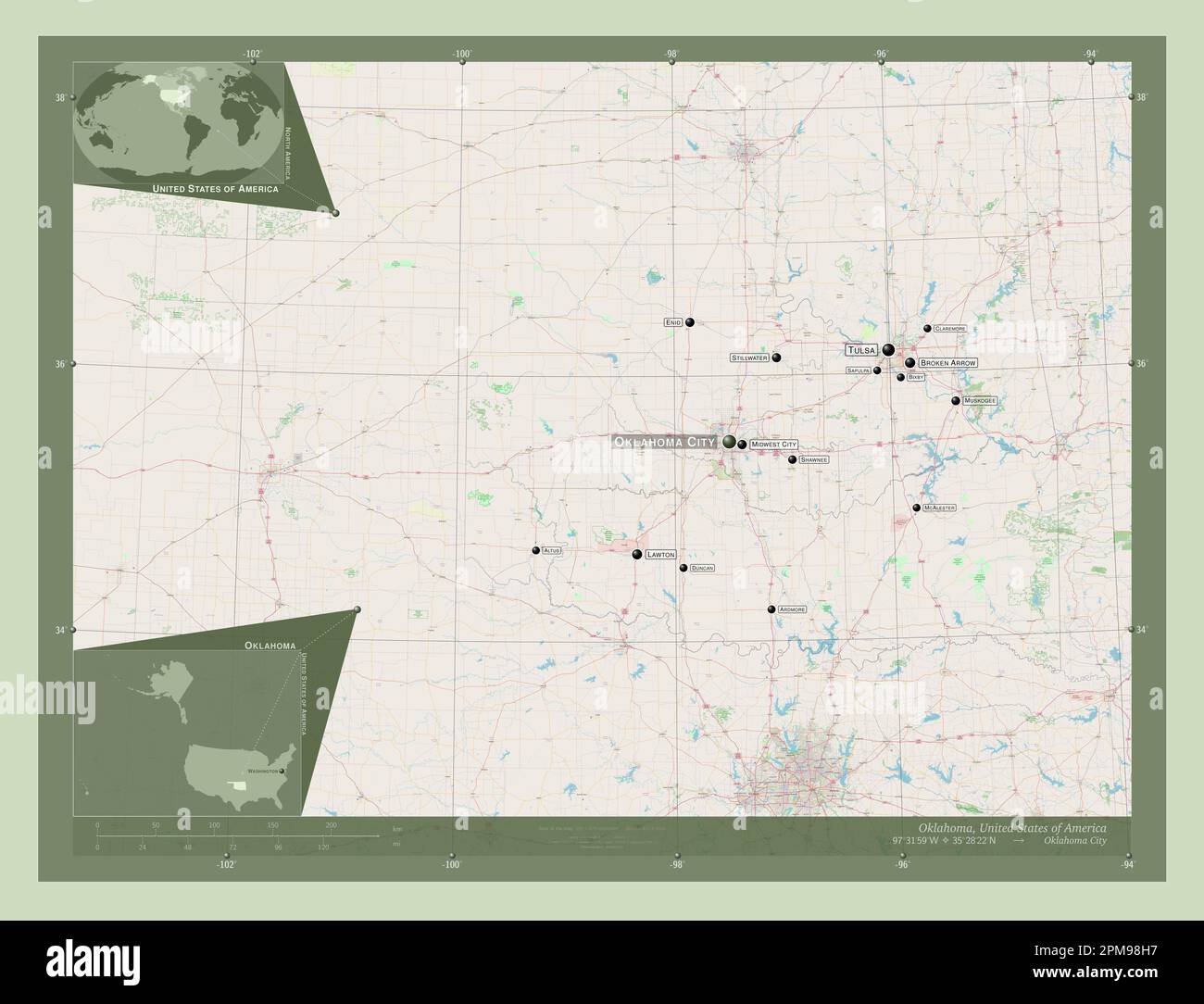 Oklahoma, stato degli Stati Uniti d'America. Aprire la mappa stradale. Località e nomi delle principali città della regione. Mappe delle posizioni ausiliarie degli angoli Foto Stock