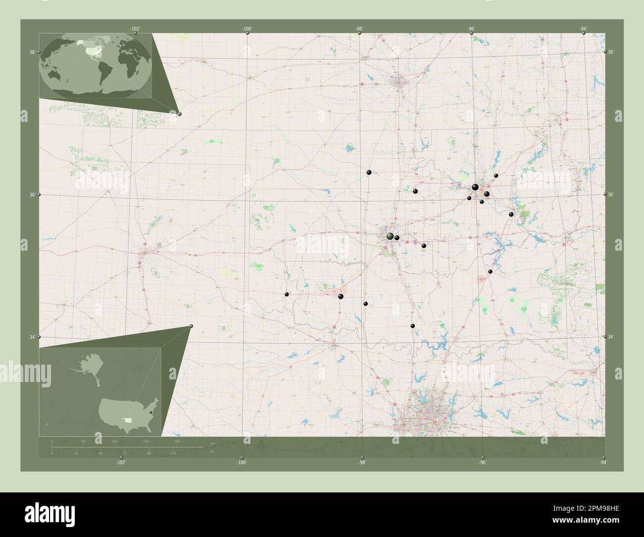 Oklahoma, stato degli Stati Uniti d'America. Aprire la mappa stradale. Posizioni delle principali città della regione. Mappe delle posizioni ausiliarie degli angoli Foto Stock