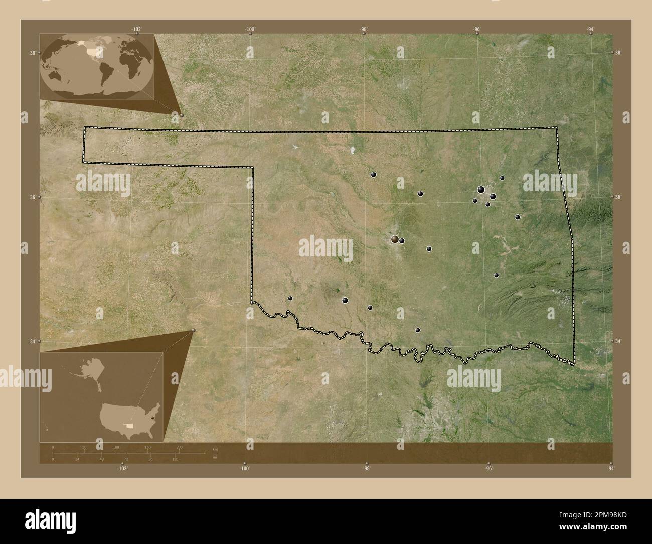 Oklahoma, stato degli Stati Uniti d'America. Mappa satellitare a bassa risoluzione. Posizioni delle principali città della regione. Mappe delle posizioni ausiliarie degli angoli Foto Stock