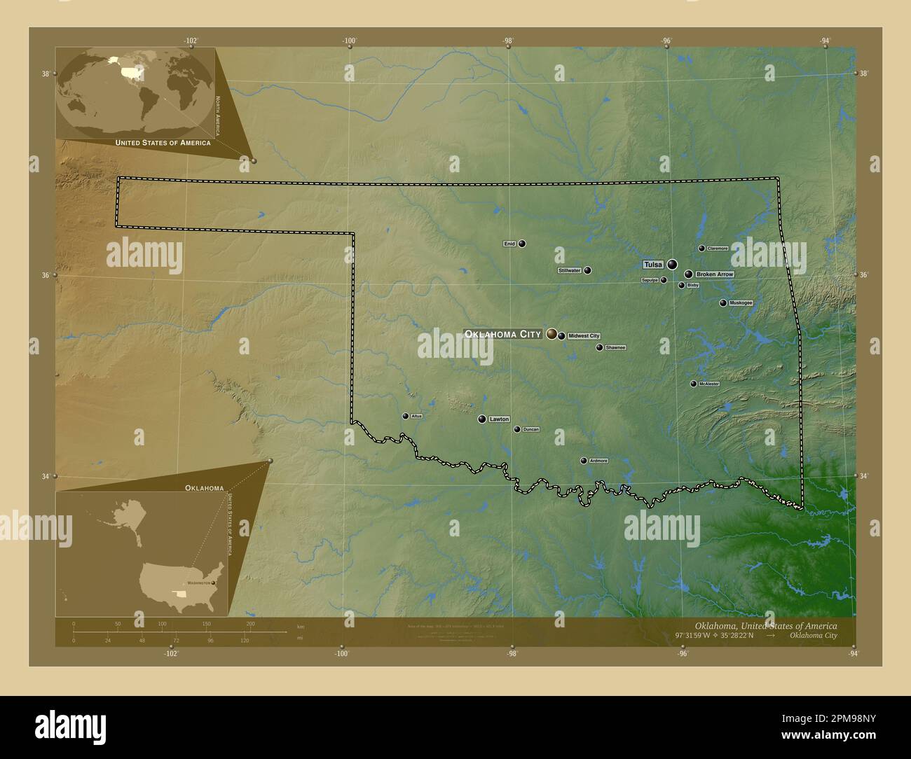 Oklahoma, stato degli Stati Uniti d'America. Mappa di altitudine colorata con laghi e fiumi. Località e nomi delle principali città della regione. Angolo au Foto Stock