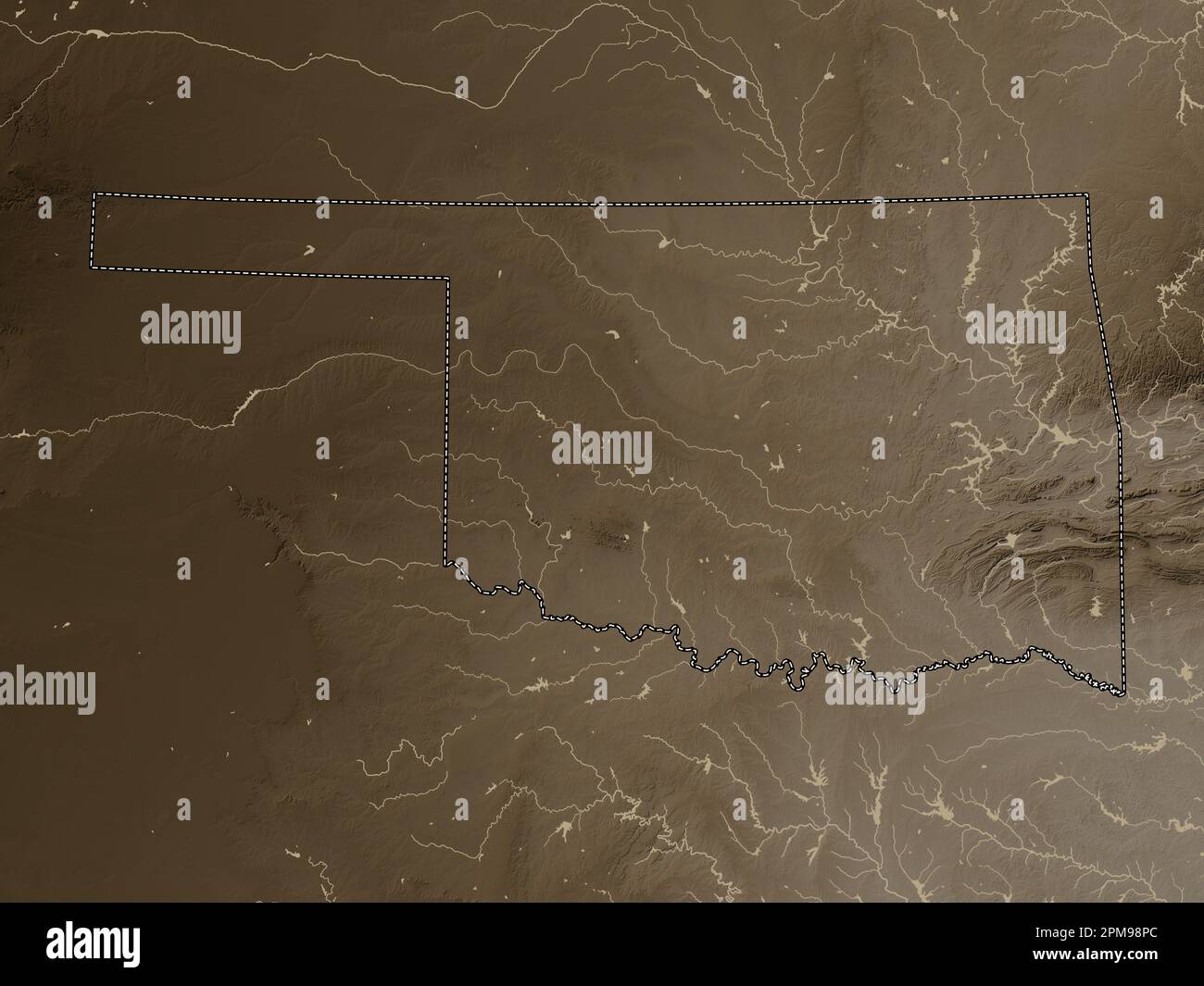 Oklahoma, stato degli Stati Uniti d'America. Mappa dell'altitudine colorata in tonalità seppia con laghi e fiumi Foto Stock