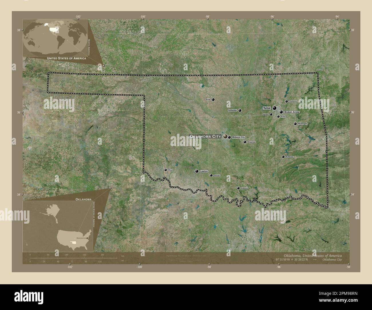 Oklahoma, stato degli Stati Uniti d'America. Mappa satellitare ad alta risoluzione. Località e nomi delle principali città della regione. Posizione ausiliaria d'angolo Foto Stock