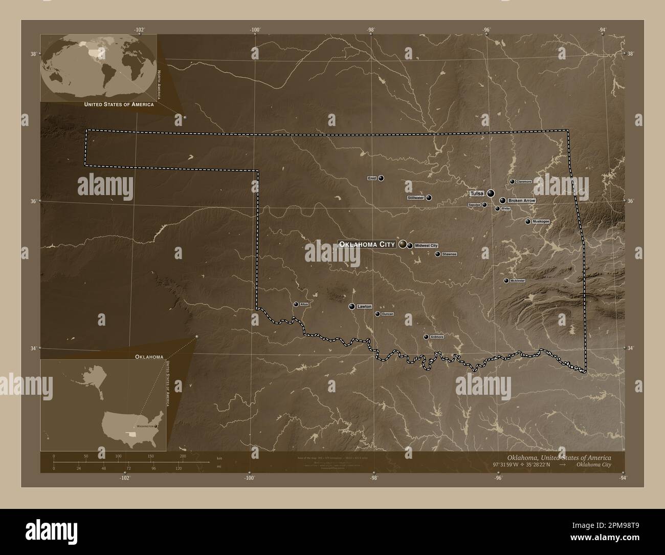 Oklahoma, stato degli Stati Uniti d'America. Mappa dell'altitudine colorata in tonalità seppia con laghi e fiumi. Località e nomi delle principali città del re Foto Stock