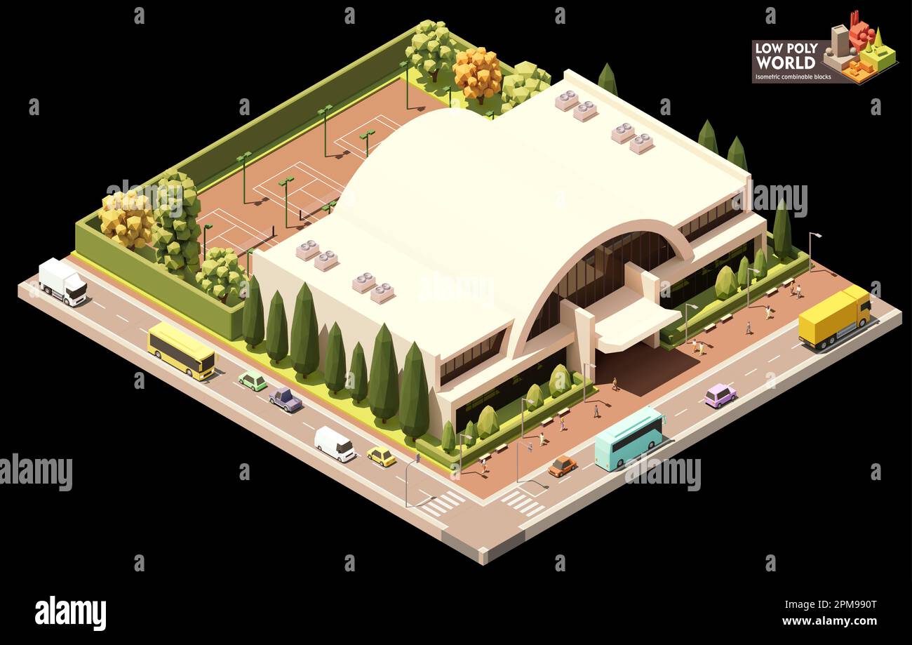 Edificio dello stadio Vector isometric. Esterno moderno luogo sportivo. Arena sportiva, persone e mezzi di trasporto in strada. Elementi mappa combinabili Illustrazione Vettoriale