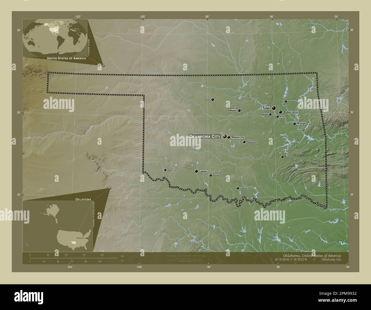Oklahoma, stato degli Stati Uniti d'America. Mappa dell'altitudine colorata in stile wiki con laghi e fiumi. Località e nomi delle principali città del reg Foto Stock
