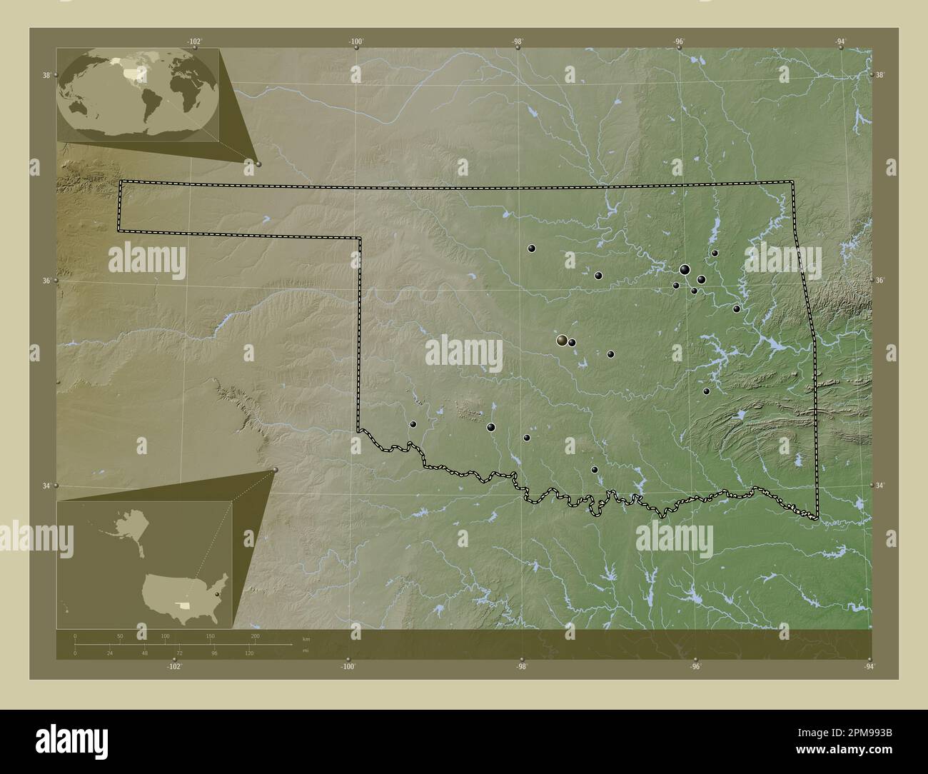 Oklahoma, stato degli Stati Uniti d'America. Mappa dell'altitudine colorata in stile wiki con laghi e fiumi. Posizioni delle principali città della regione. Corne Foto Stock