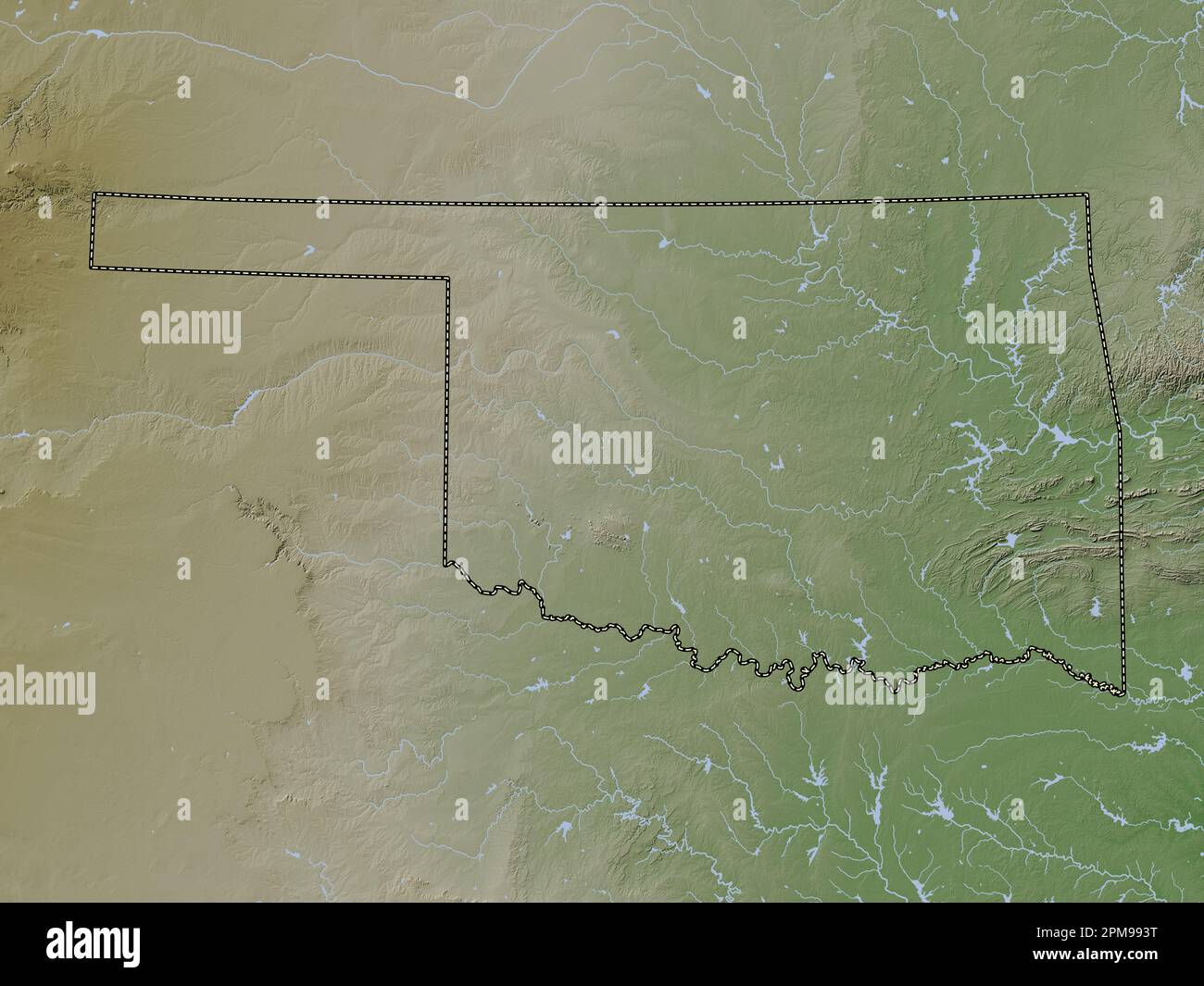 Oklahoma, stato degli Stati Uniti d'America. Mappa dell'altitudine colorata in stile wiki con laghi e fiumi Foto Stock