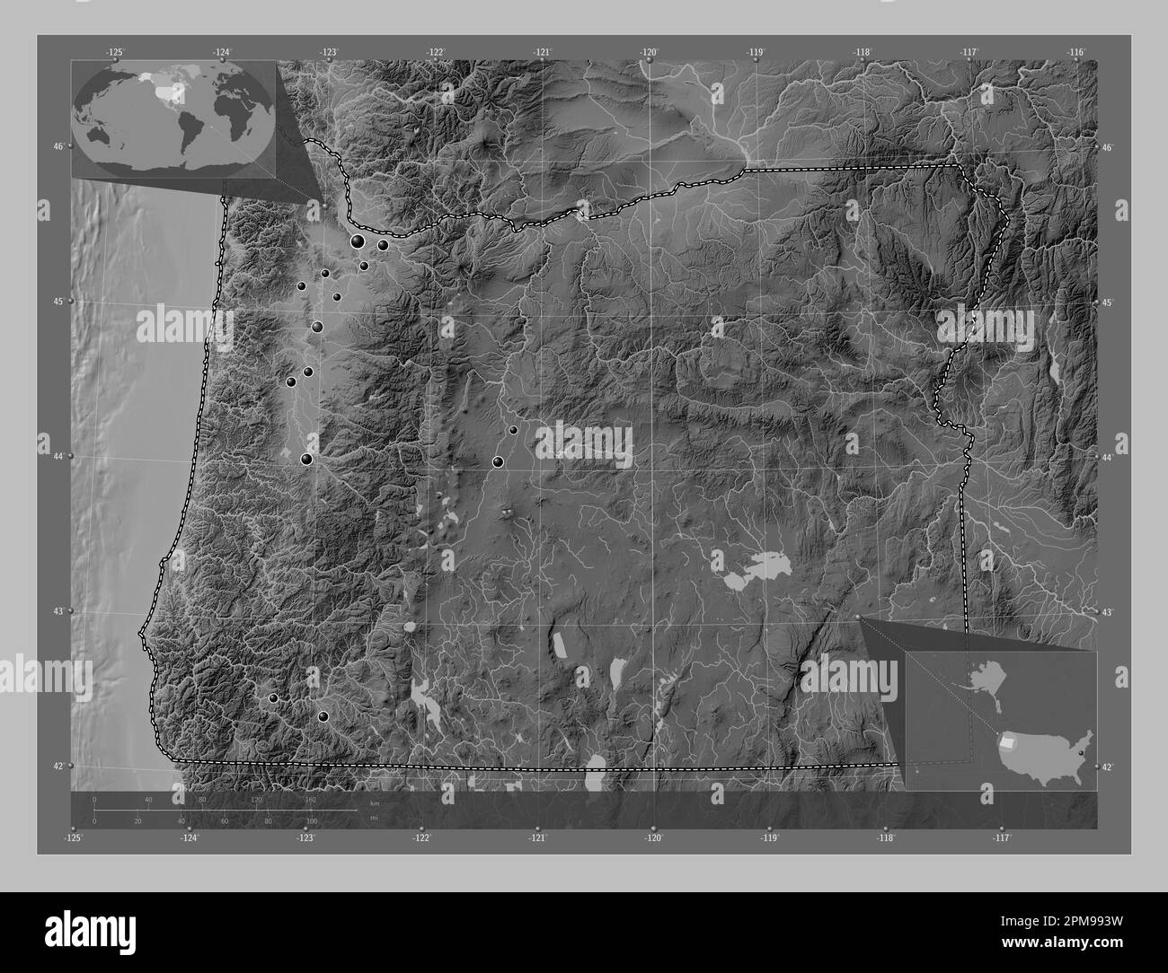 Oregon, stato degli Stati Uniti d'America. Mappa in scala di grigi con laghi e fiumi. Posizioni delle principali città della regione. Angolo ausiliario basso Foto Stock