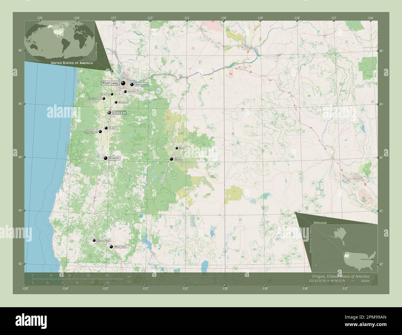 Oregon, stato degli Stati Uniti d'America. Aprire la mappa stradale. Località e nomi delle principali città della regione. Mappe delle posizioni ausiliarie degli angoli Foto Stock