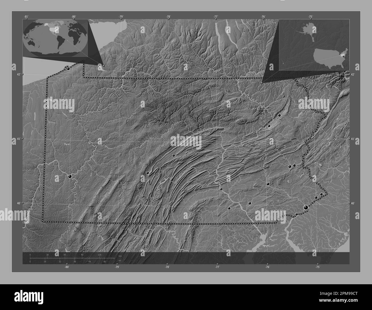 Pennsylvania, stato degli Stati Uniti d'America. Mappa altimetrica bilivello con laghi e fiumi. Posizioni delle principali città della regione. Ausiliario angolo Foto Stock