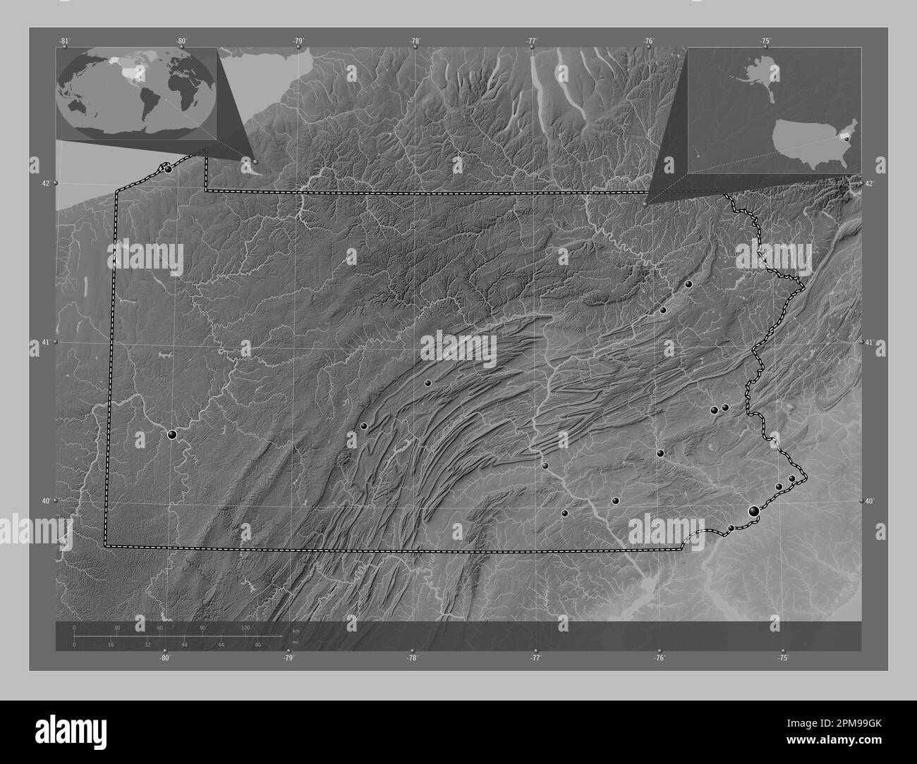 Pennsylvania, stato degli Stati Uniti d'America. Mappa in scala di grigi con laghi e fiumi. Posizioni delle principali città della regione. Angolo auxili Foto Stock
