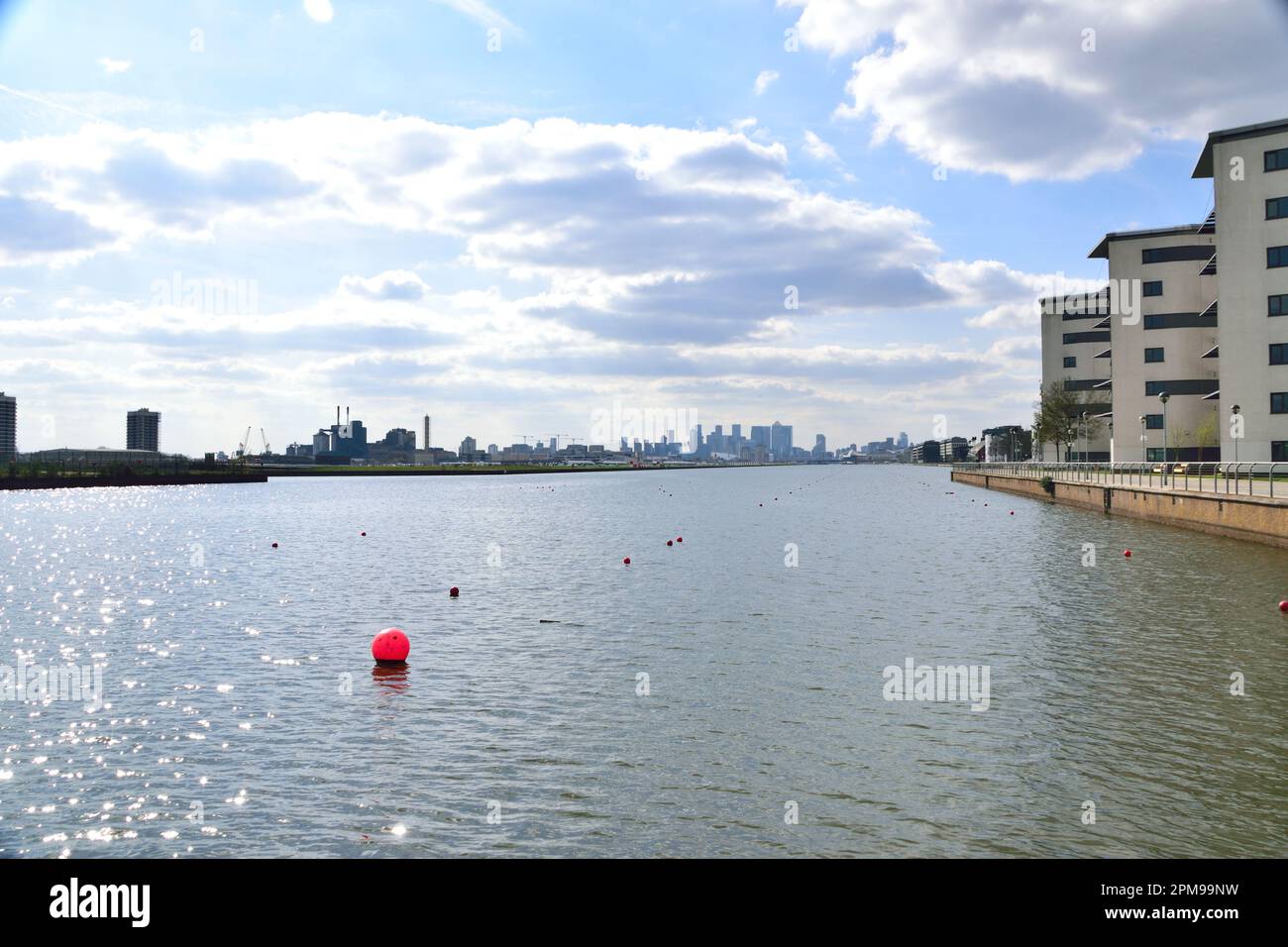 Una vista che guarda ad Ovest lungo il Royal Albert Dock nell'area Royal Docks di Londra di Newham, Inghilterra Foto Stock