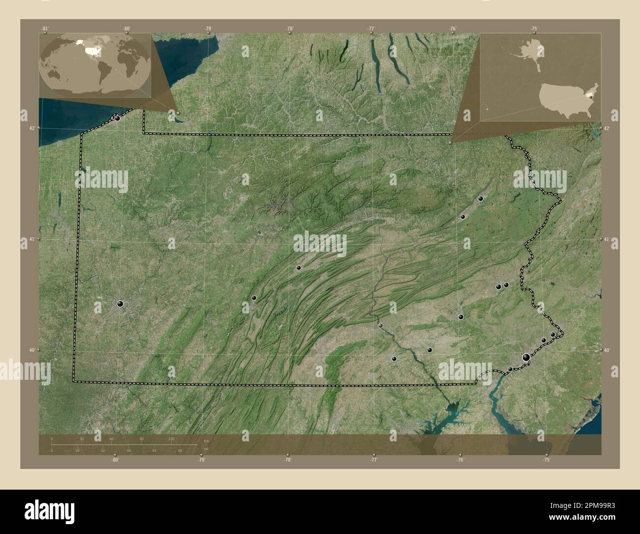 Pennsylvania, stato degli Stati Uniti d'America. Mappa satellitare ad alta risoluzione. Posizioni delle principali città della regione. Mappa della posizione ausiliaria ad angolo Foto Stock