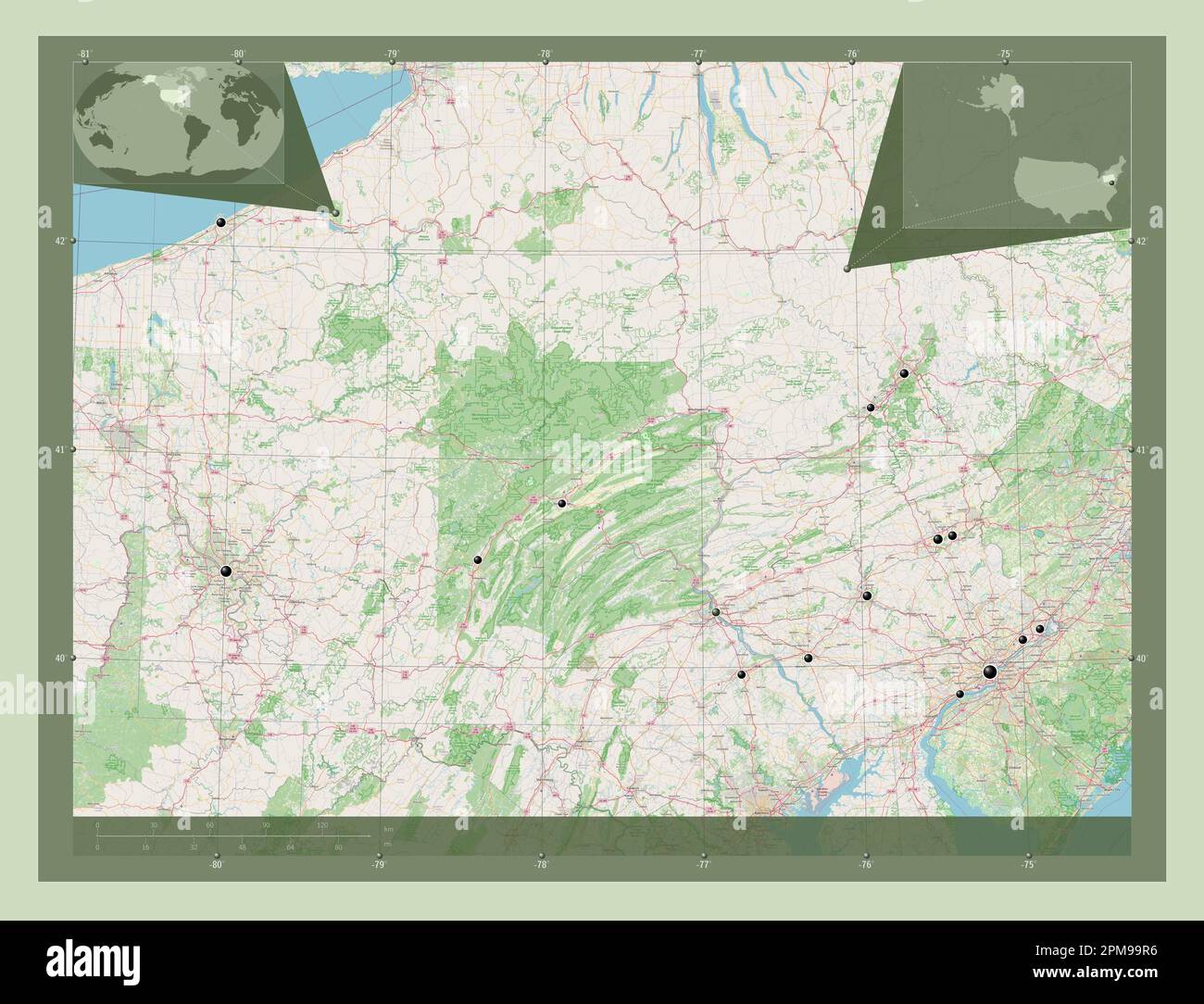 Pennsylvania, stato degli Stati Uniti d'America. Aprire la mappa stradale. Posizioni delle principali città della regione. Mappe delle posizioni ausiliarie degli angoli Foto Stock