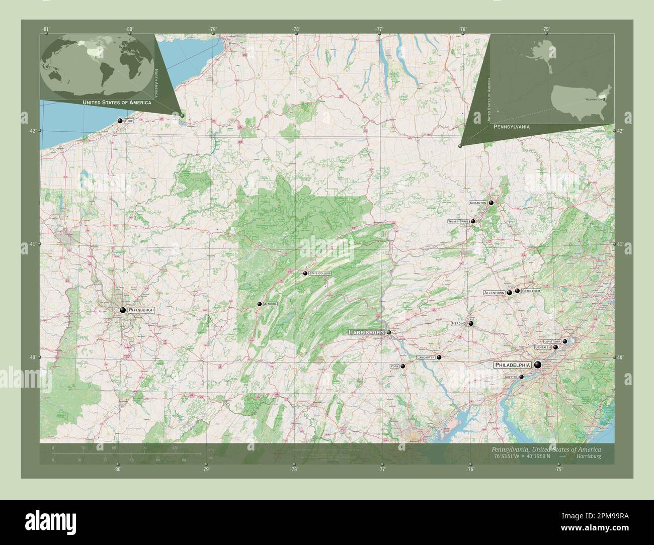 Pennsylvania, stato degli Stati Uniti d'America. Aprire la mappa stradale. Località e nomi delle principali città della regione. Mappe delle posizioni ausiliarie degli angoli Foto Stock