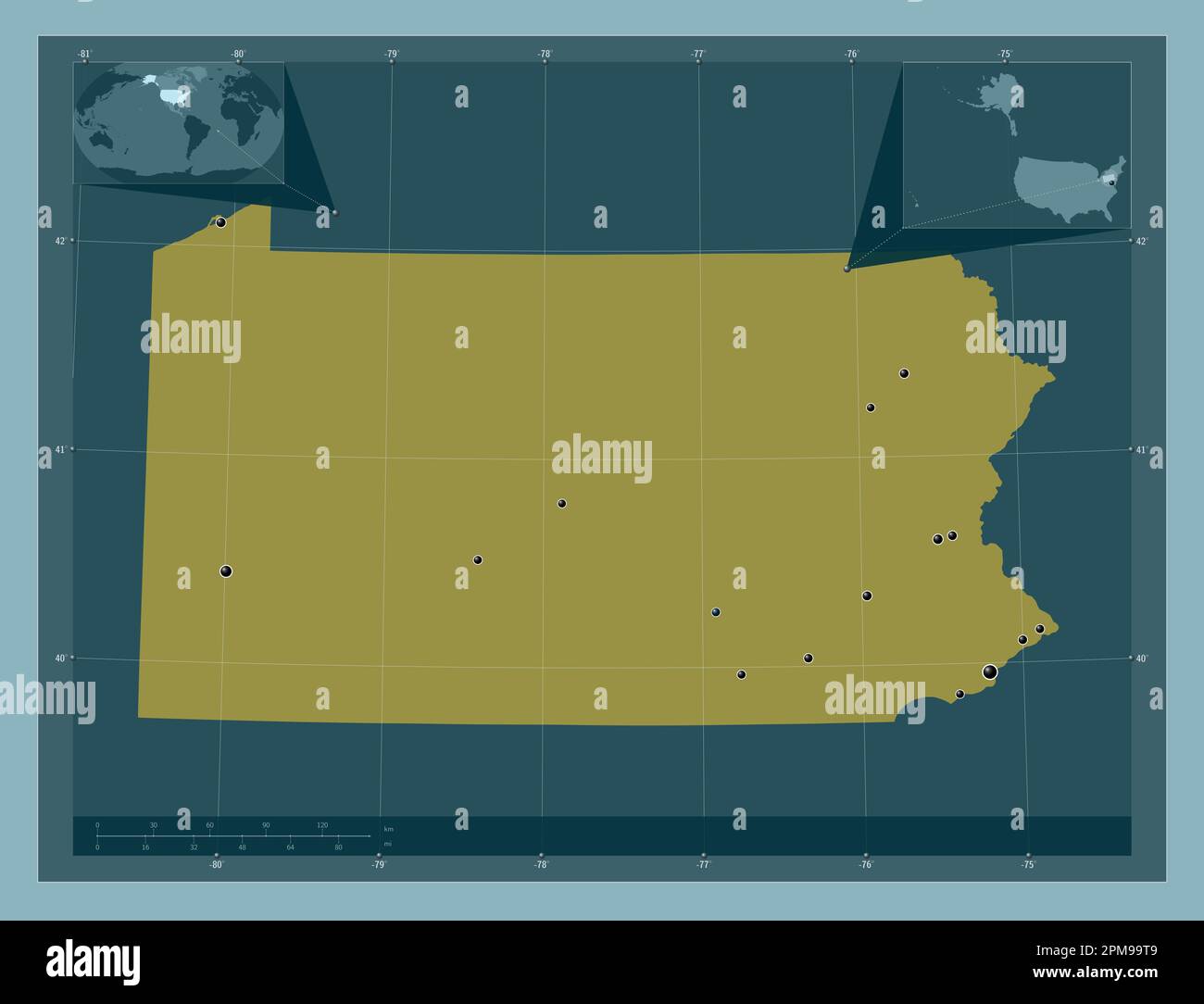 Pennsylvania, stato degli Stati Uniti d'America. Forma a tinta unita. Posizioni delle principali città della regione. Mappe delle posizioni ausiliarie degli angoli Foto Stock