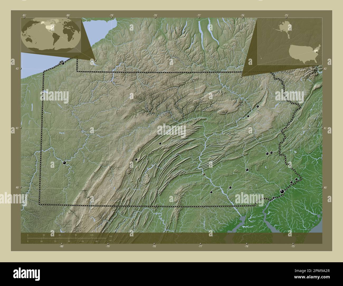 Pennsylvania, stato degli Stati Uniti d'America. Mappa dell'altitudine colorata in stile wiki con laghi e fiumi. Posizioni delle principali città della regione. C Foto Stock