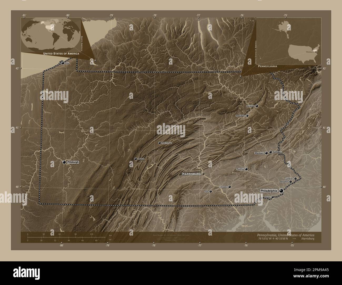 Pennsylvania, stato degli Stati Uniti d'America. Mappa dell'altitudine colorata in tonalità seppia con laghi e fiumi. Località e nomi delle principali città di Th Foto Stock
