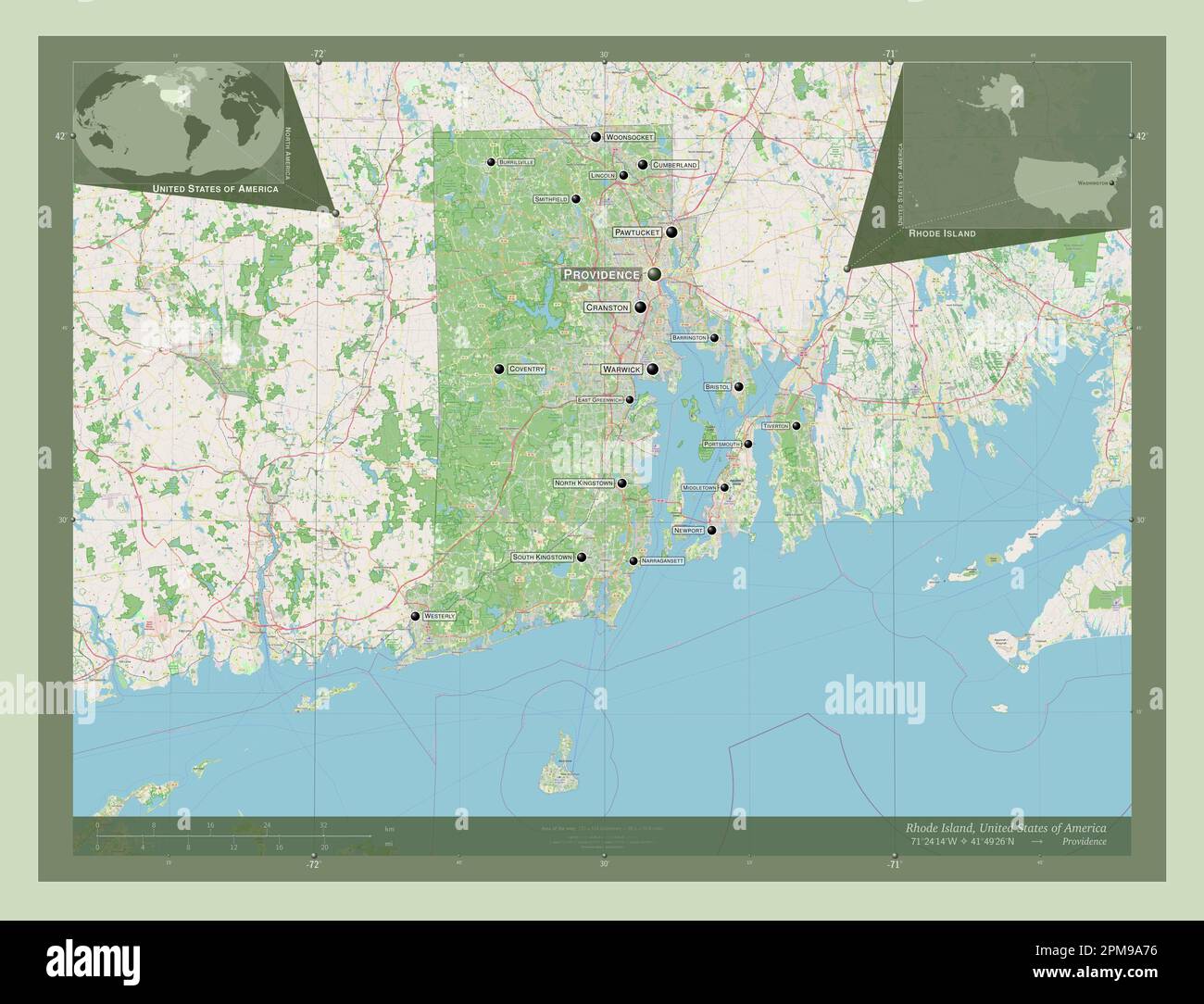 Rhode Island, stato degli Stati Uniti d'America. Aprire la mappa stradale. Località e nomi delle principali città della regione. Mappe delle posizioni ausiliarie degli angoli Foto Stock