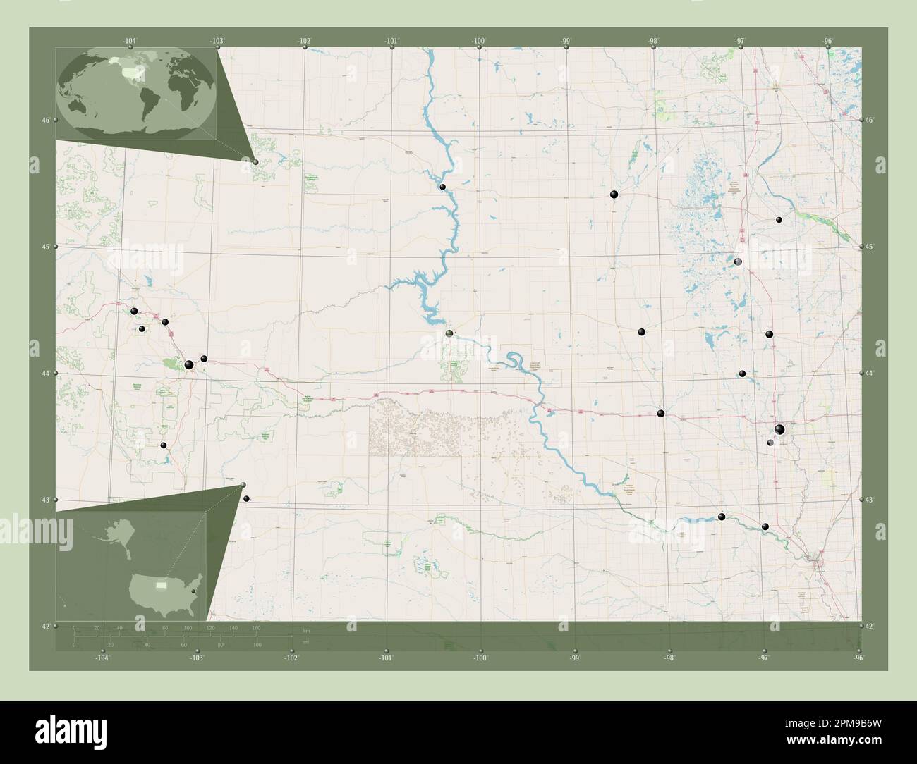 Dakota del Sud, stato degli Stati Uniti d'America. Aprire la mappa stradale. Posizioni delle principali città della regione. Mappe delle posizioni ausiliarie degli angoli Foto Stock
