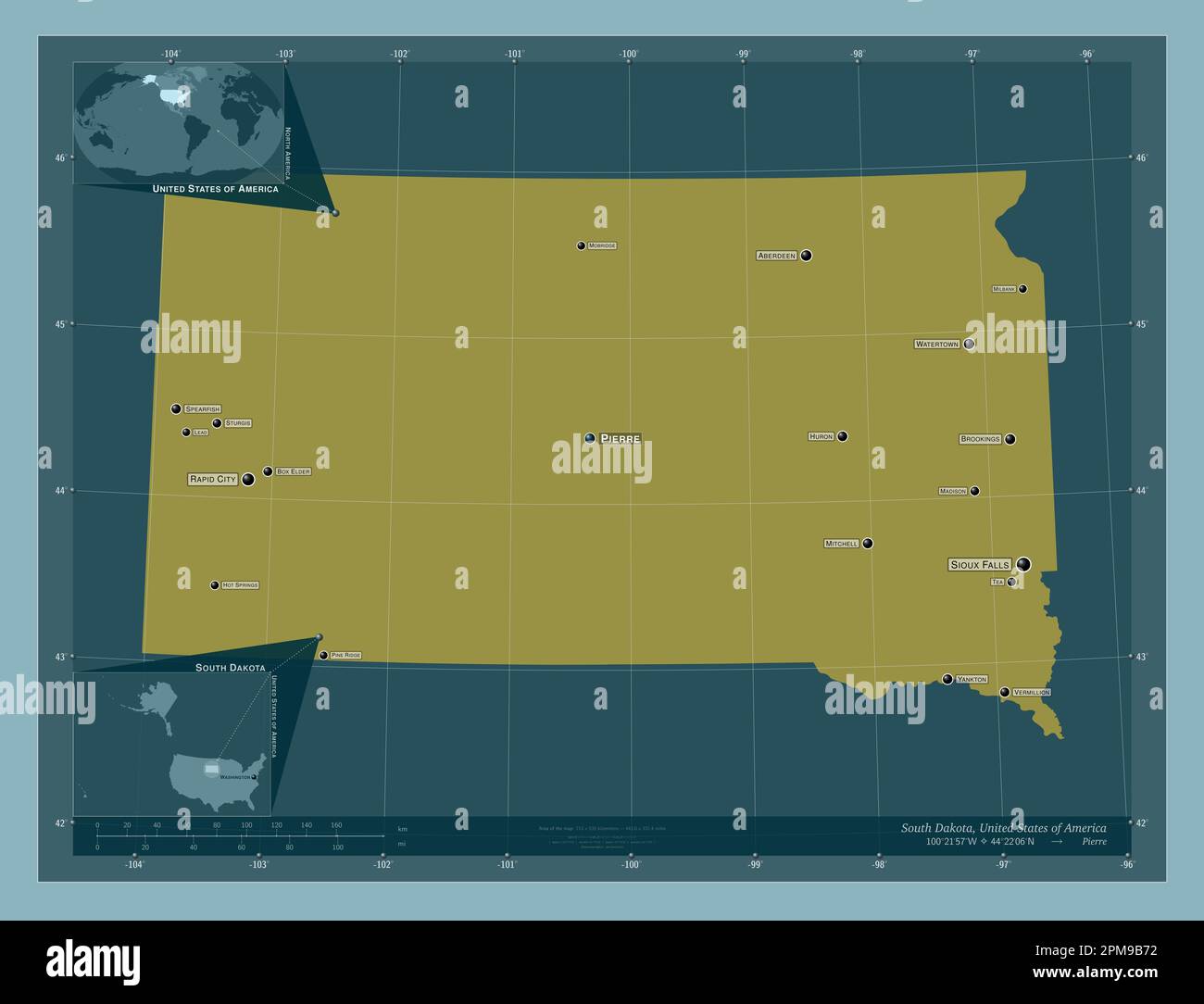 Dakota del Sud, stato degli Stati Uniti d'America. Forma a tinta unita. Località e nomi delle principali città della regione. Mappe delle posizioni ausiliarie degli angoli Foto Stock