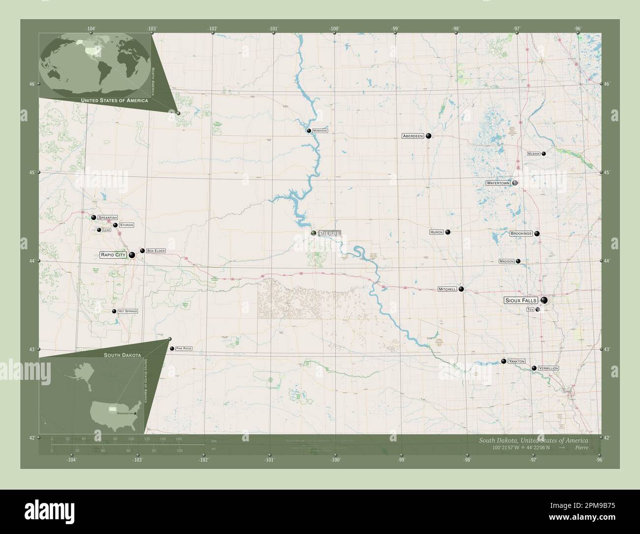 Dakota del Sud, stato degli Stati Uniti d'America. Aprire la mappa stradale. Località e nomi delle principali città della regione. Mappe delle posizioni ausiliarie degli angoli Foto Stock