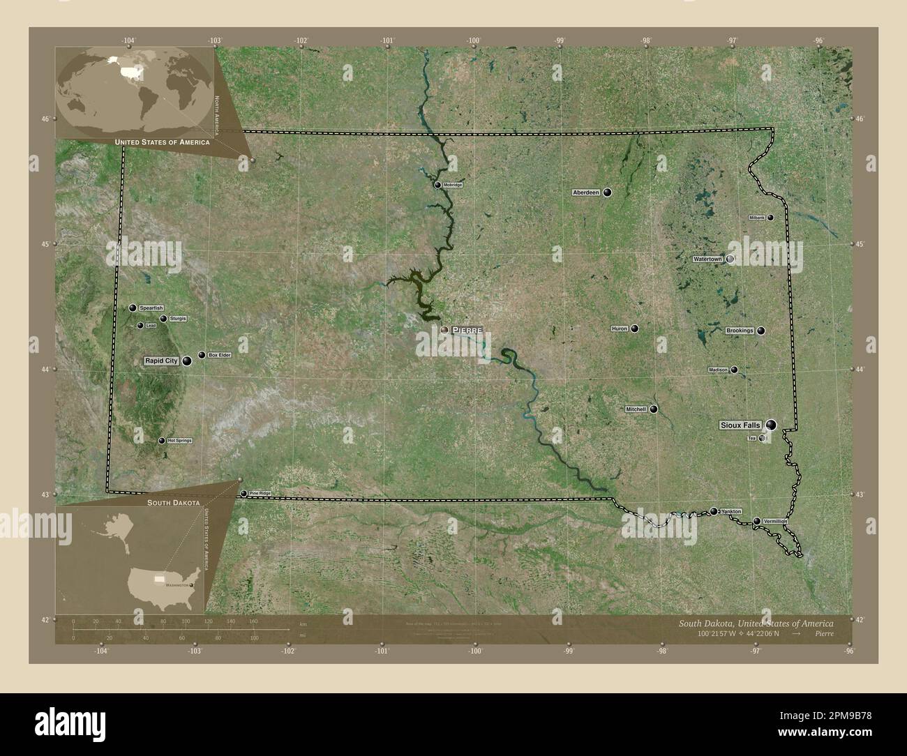 Dakota del Sud, stato degli Stati Uniti d'America. Mappa satellitare ad alta risoluzione. Località e nomi delle principali città della regione. Angolo ausiliario basso Foto Stock