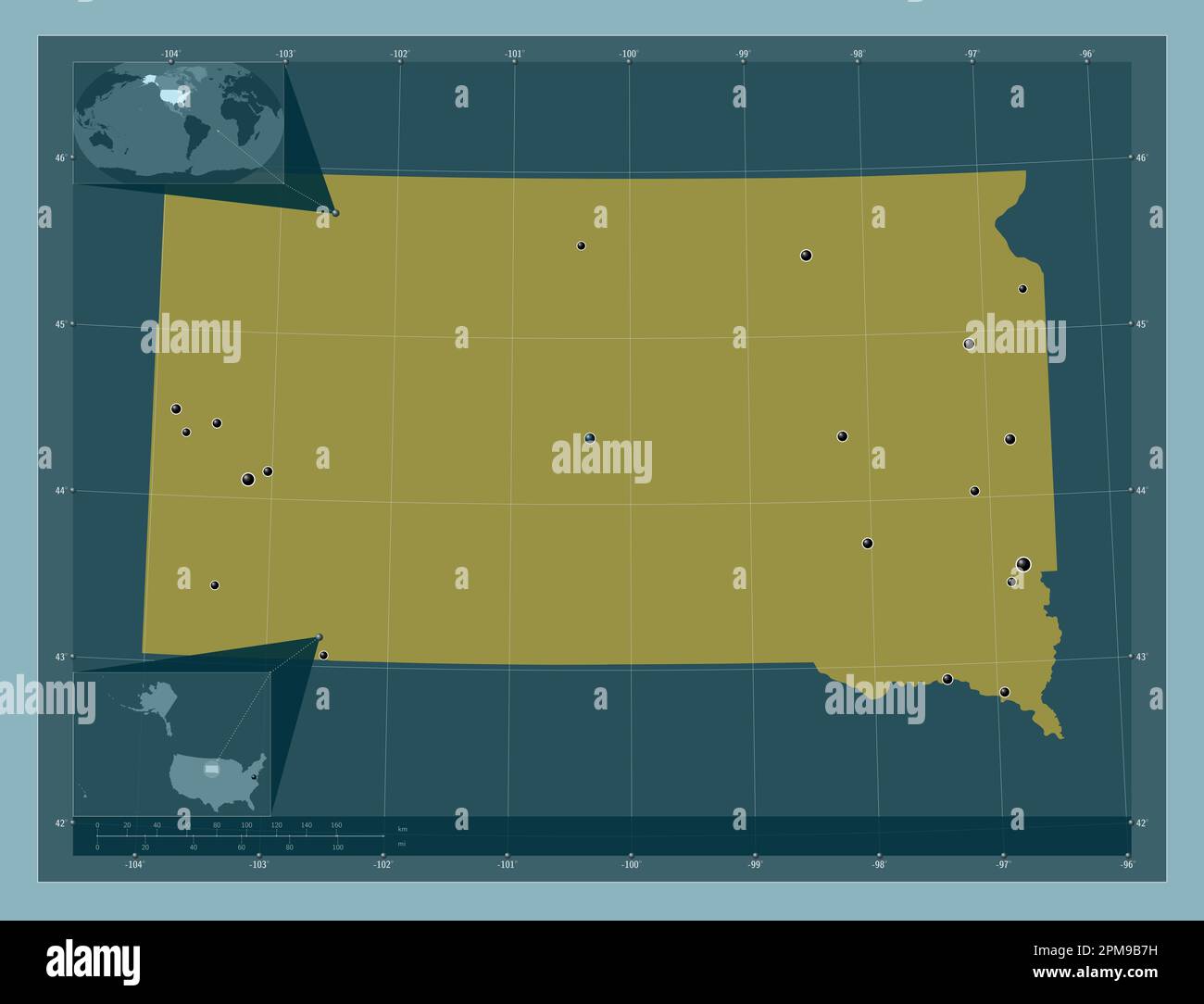 Dakota del Sud, stato degli Stati Uniti d'America. Forma a tinta unita. Posizioni delle principali città della regione. Mappe delle posizioni ausiliarie degli angoli Foto Stock