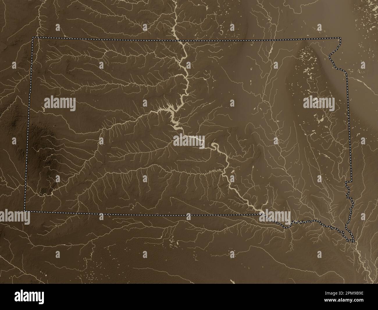 Dakota del Sud, stato degli Stati Uniti d'America. Mappa dell'altitudine colorata in tonalità seppia con laghi e fiumi Foto Stock