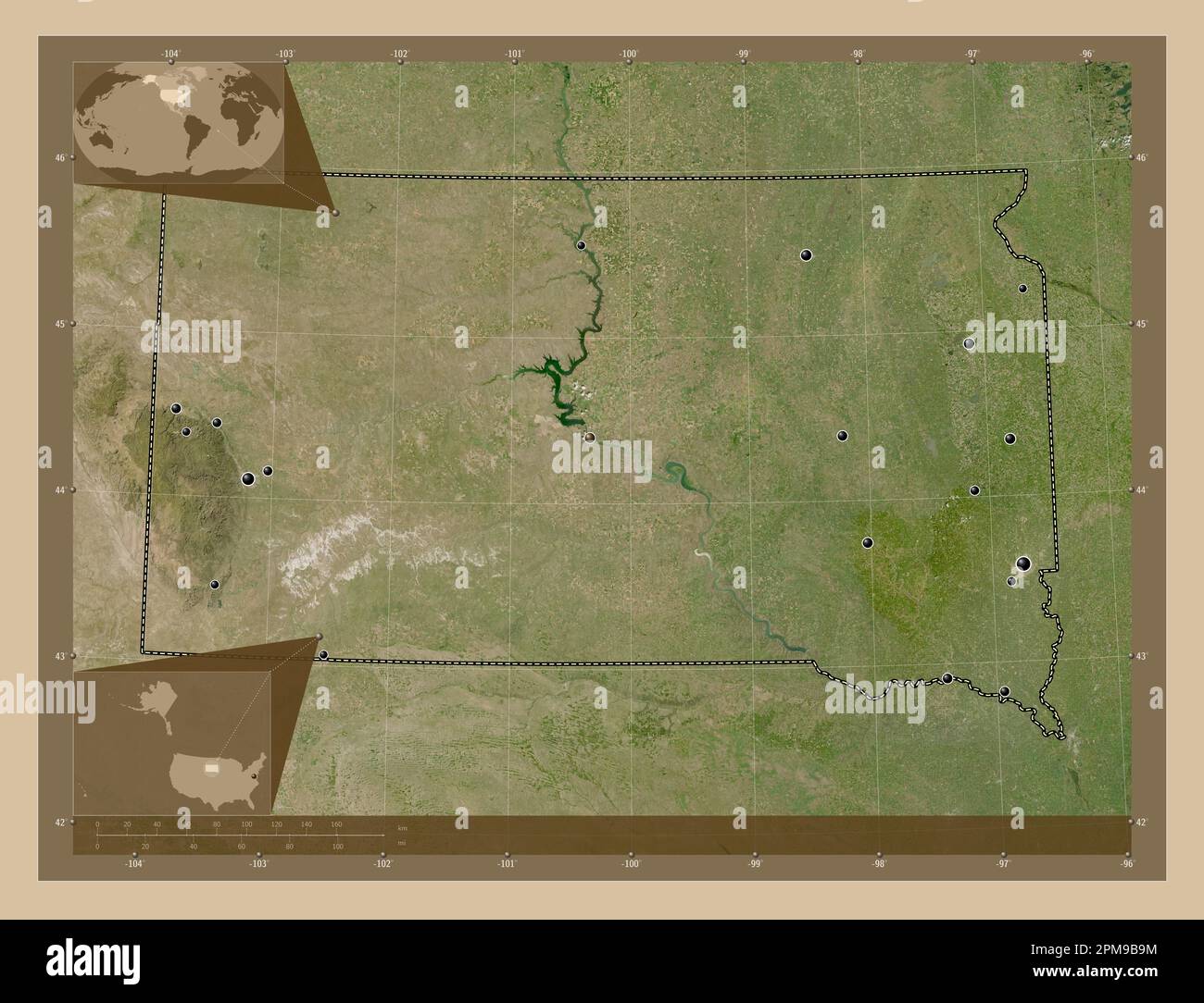 Dakota del Sud, stato degli Stati Uniti d'America. Mappa satellitare a bassa risoluzione. Posizioni delle principali città della regione. Mappe delle posizioni ausiliarie degli angoli Foto Stock