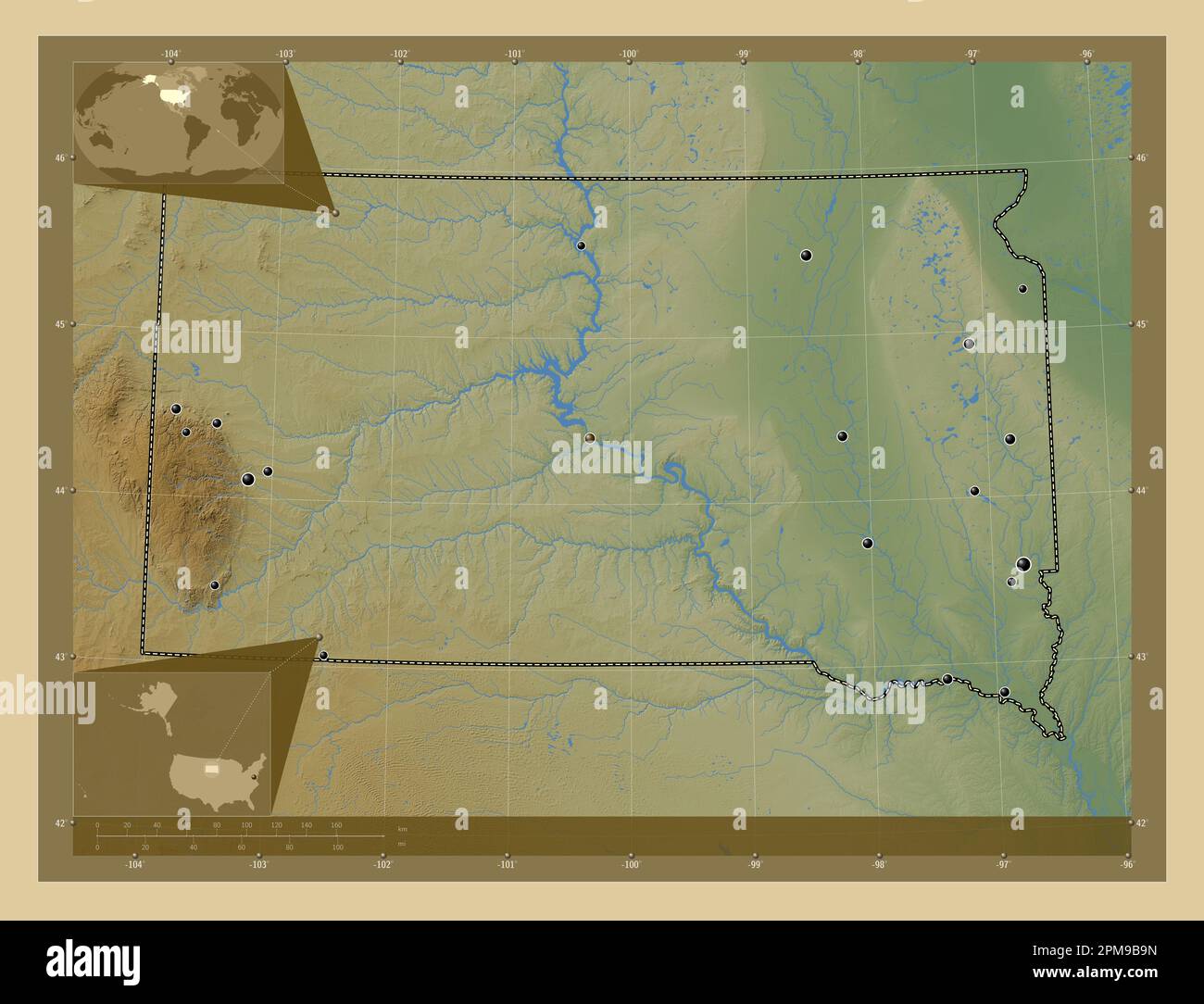 Dakota del Sud, stato degli Stati Uniti d'America. Mappa di altitudine colorata con laghi e fiumi. Posizioni delle principali città della regione. Ausiliario angolo Foto Stock