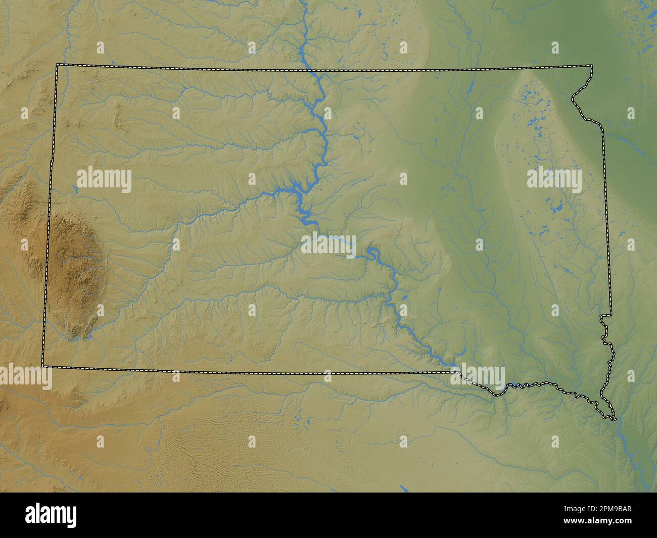 Dakota del Sud, stato degli Stati Uniti d'America. Mappa di altitudine colorata con laghi e fiumi Foto Stock