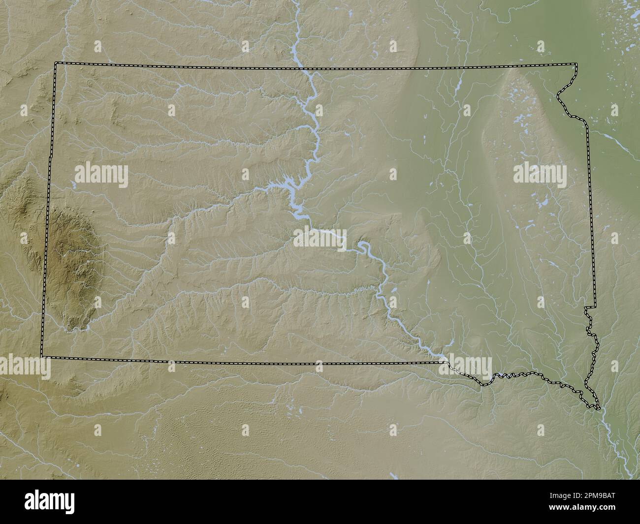 Dakota del Sud, stato degli Stati Uniti d'America. Mappa dell'altitudine colorata in stile wiki con laghi e fiumi Foto Stock