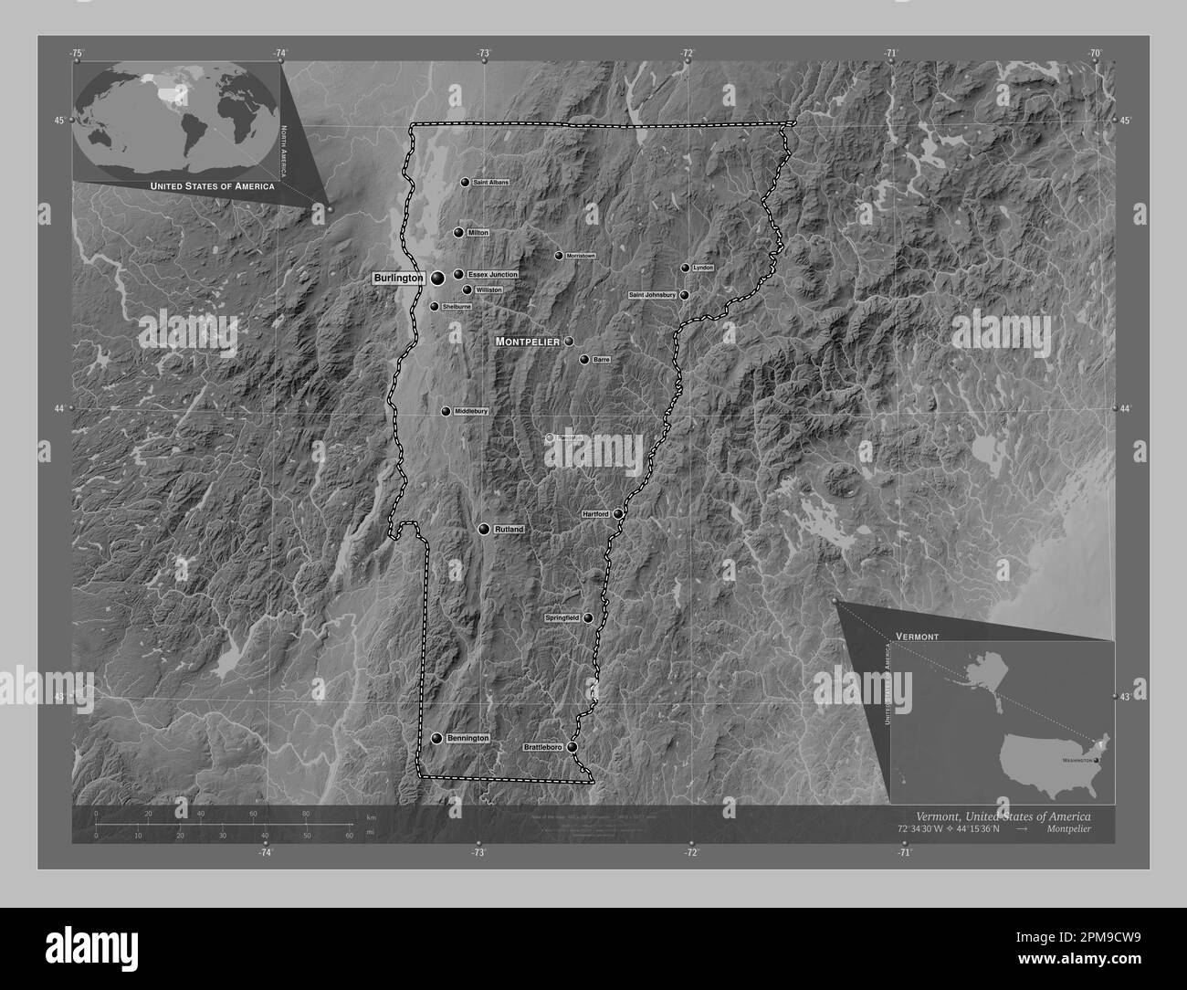 Vermont, stato degli Stati Uniti d'America. Mappa in scala di grigi con laghi e fiumi. Località e nomi delle principali città della regione. Angolo a Foto Stock