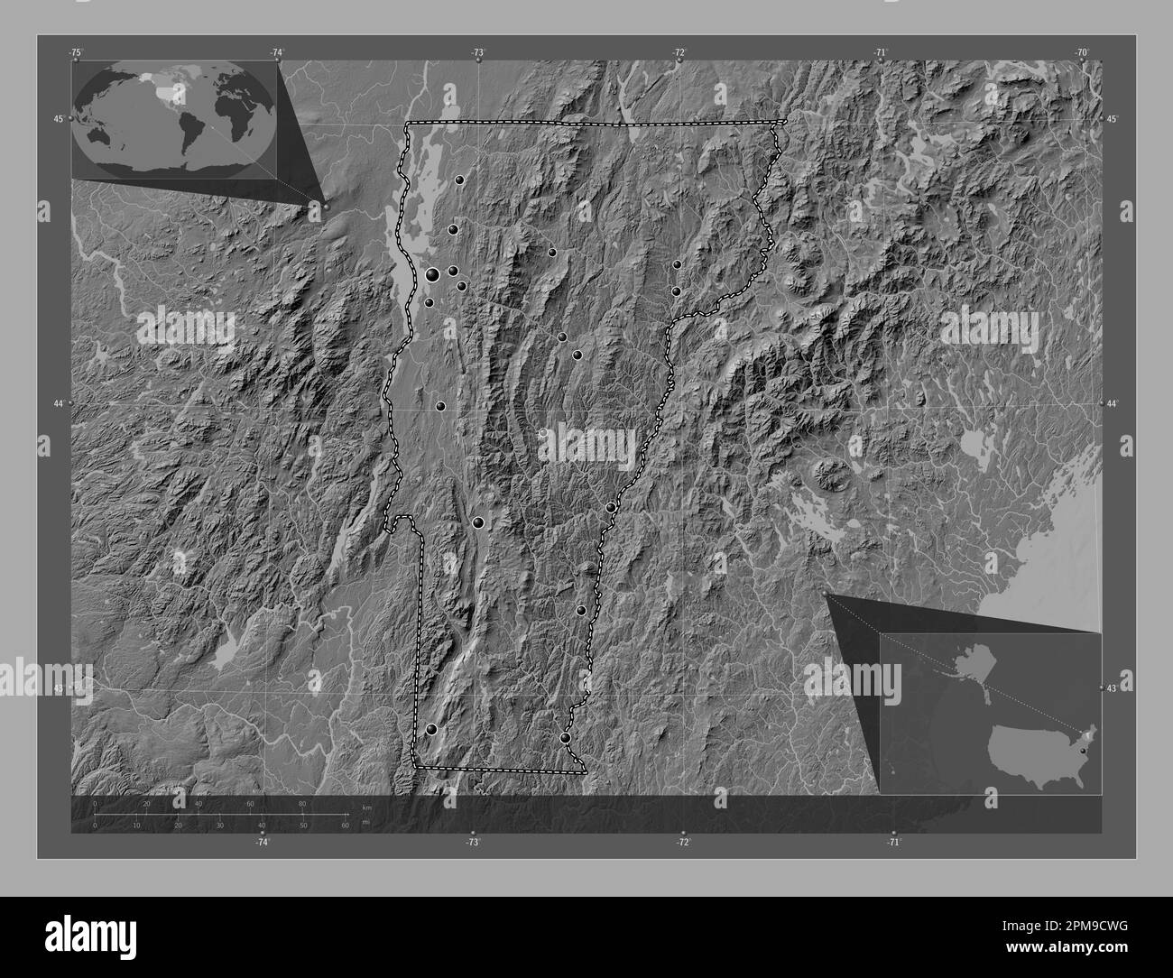 Vermont, stato degli Stati Uniti d'America. Mappa altimetrica bilivello con laghi e fiumi. Posizioni delle principali città della regione. Pos. Ausiliario angolo Foto Stock