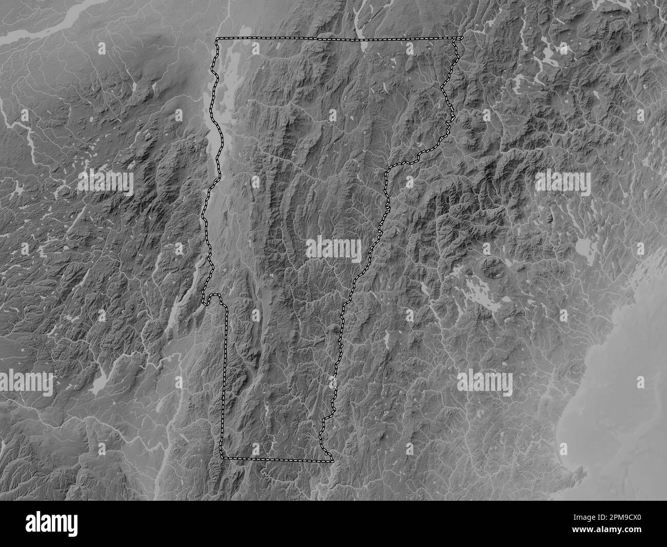 Vermont, stato degli Stati Uniti d'America. Mappa in scala di grigi con laghi e fiumi Foto Stock