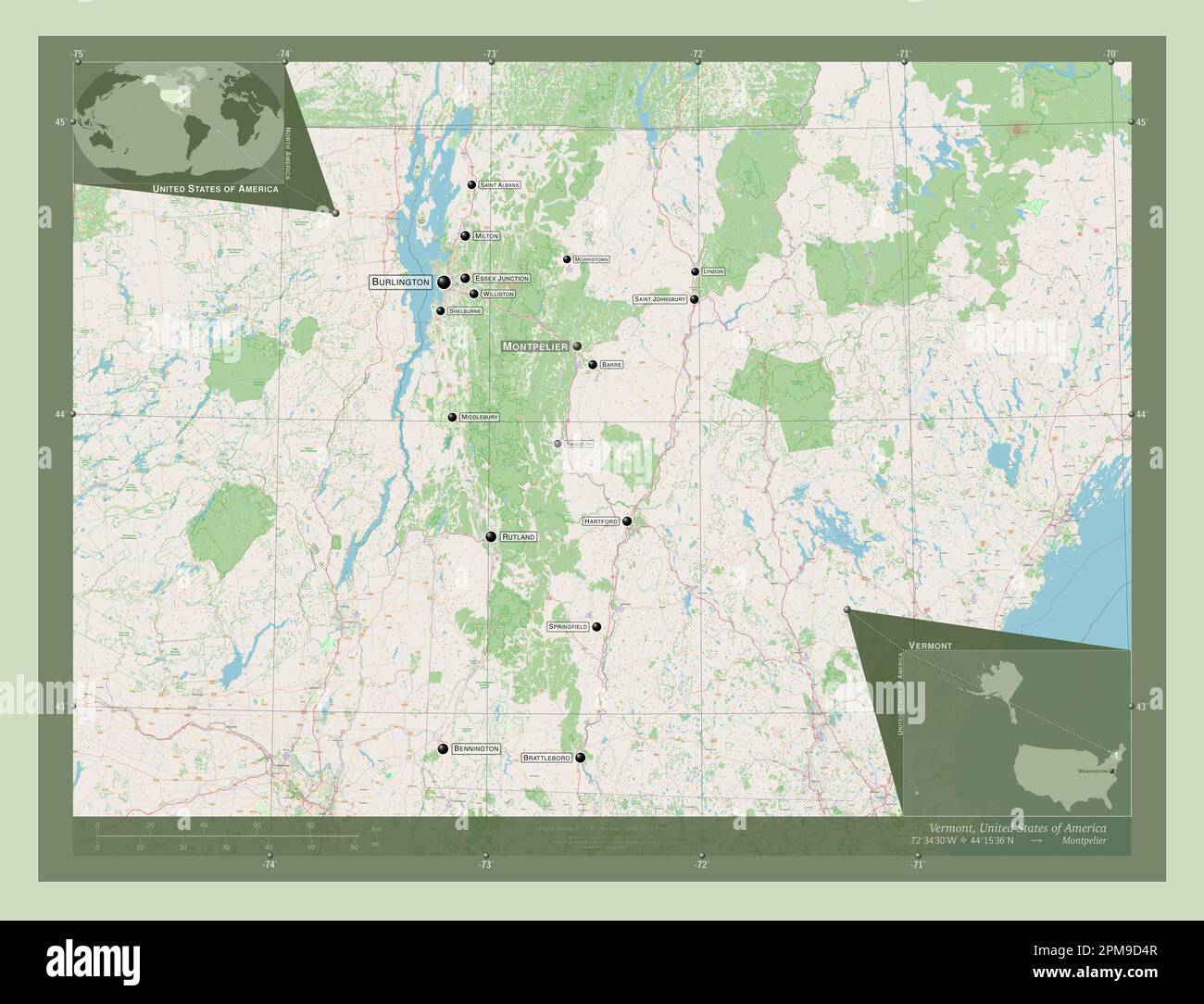 Vermont, stato degli Stati Uniti d'America. Aprire la mappa stradale. Località e nomi delle principali città della regione. Mappe delle posizioni ausiliarie degli angoli Foto Stock