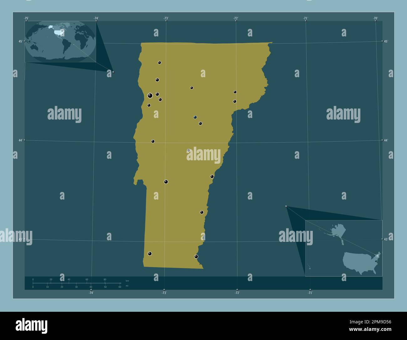 Vermont, stato degli Stati Uniti d'America. Forma a tinta unita. Posizioni delle principali città della regione. Mappe delle posizioni ausiliarie degli angoli Foto Stock