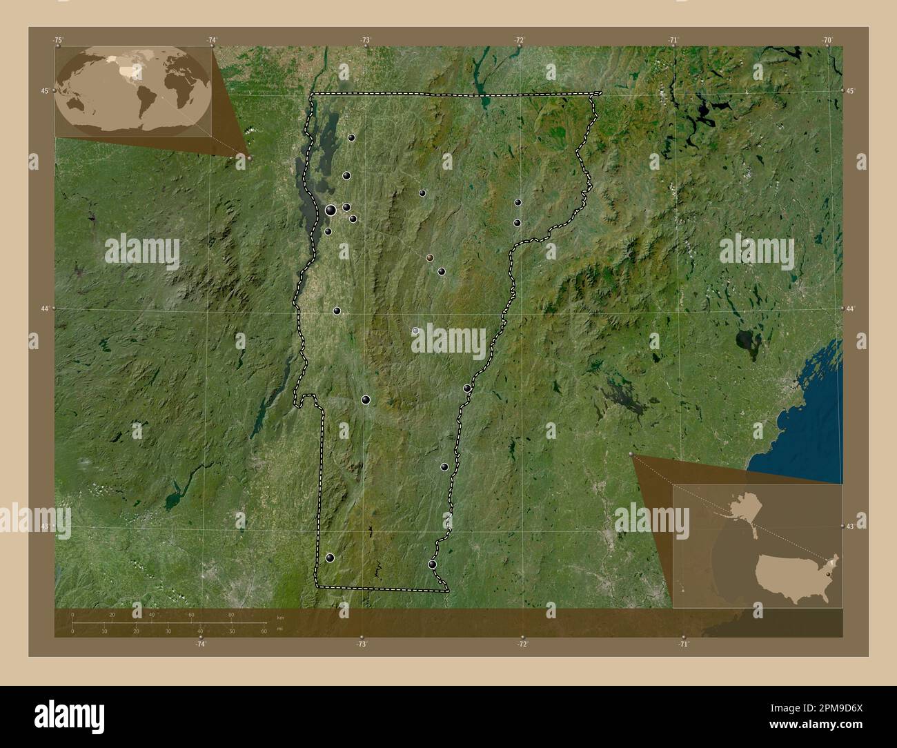 Vermont, stato degli Stati Uniti d'America. Mappa satellitare a bassa risoluzione. Posizioni delle principali città della regione. Mappe delle posizioni ausiliarie degli angoli Foto Stock