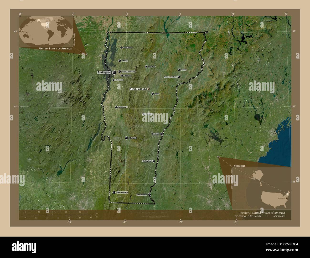 Vermont, stato degli Stati Uniti d'America. Mappa satellitare a bassa risoluzione. Località e nomi delle principali città della regione. Posizione ausiliaria ad angolo Foto Stock