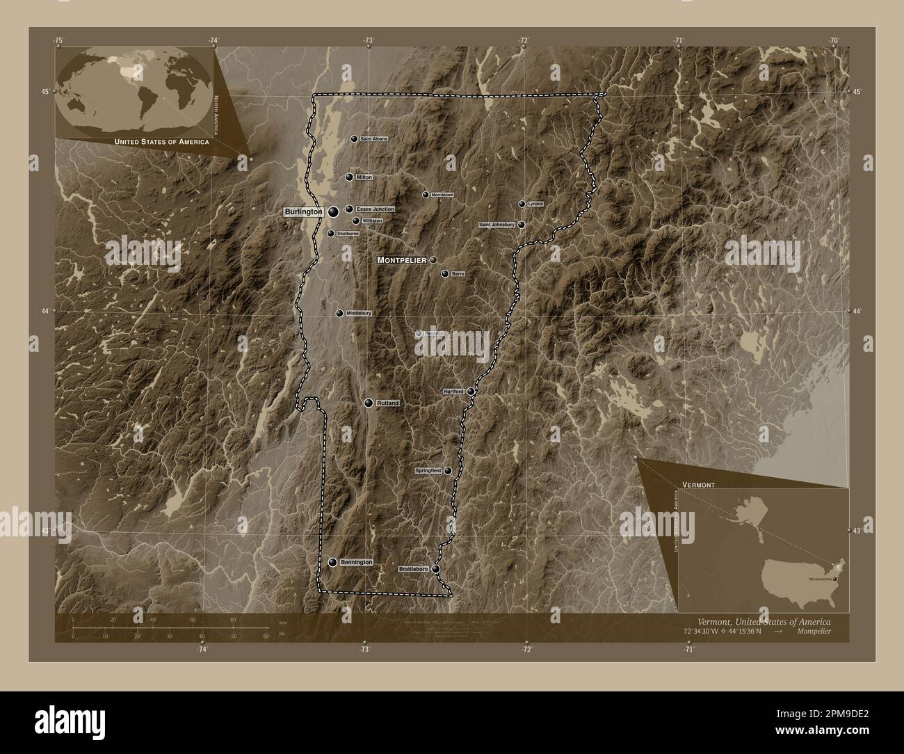 Vermont, stato degli Stati Uniti d'America. Mappa dell'altitudine colorata in tonalità seppia con laghi e fiumi. Località e nomi delle principali città del reg Foto Stock