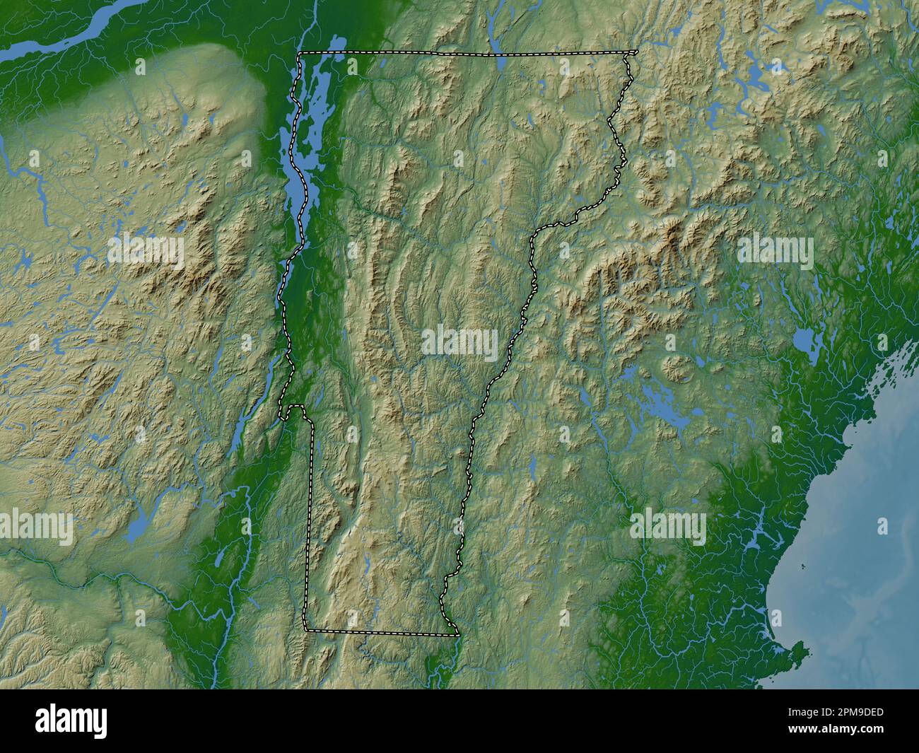 Vermont, stato degli Stati Uniti d'America. Mappa di altitudine colorata con laghi e fiumi Foto Stock
