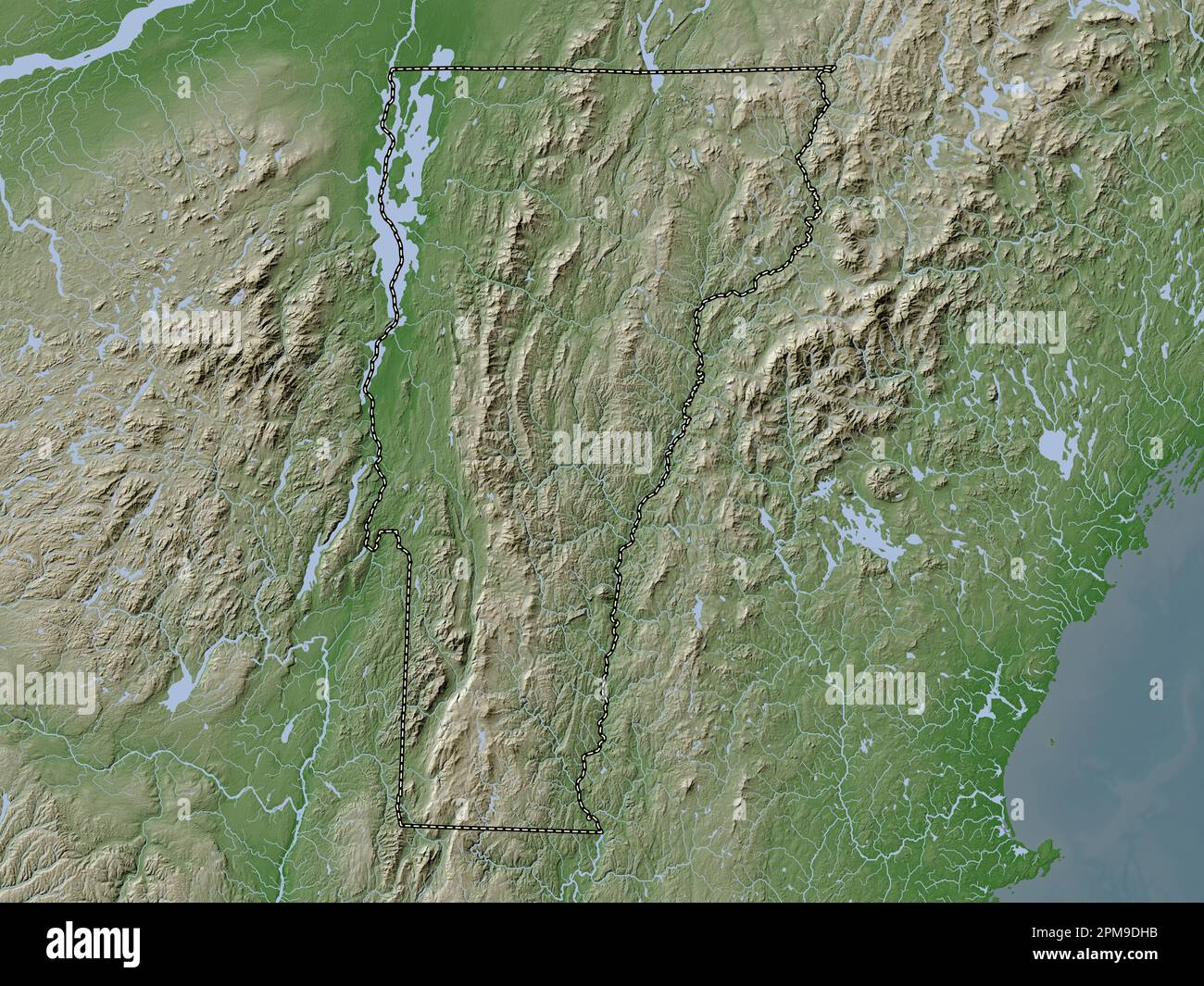Vermont, stato degli Stati Uniti d'America. Mappa dell'altitudine colorata in stile wiki con laghi e fiumi Foto Stock