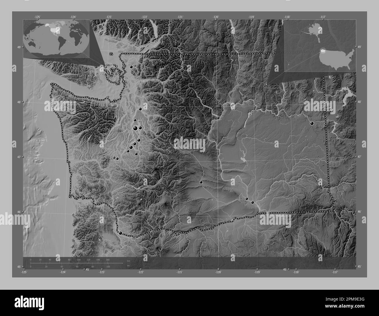 Washington, stato degli Stati Uniti d'America. Mappa in scala di grigi con laghi e fiumi. Posizioni delle principali città della regione. Ausiliario angolo Foto Stock