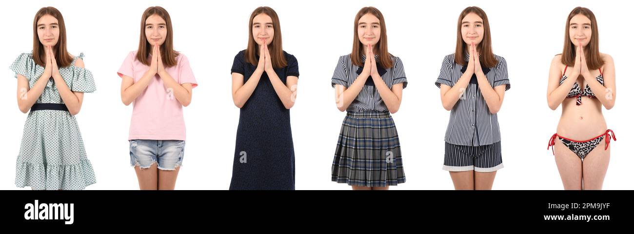 Collage di giovane bella ragazza isolata su sfondo bianco, pregando con le mani insieme chiedendo perdono sorridendo fiducioso. Foto Stock
