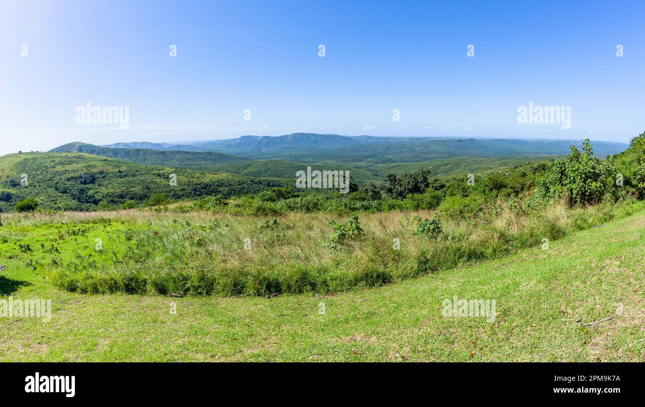 Safari fauna selvatica aspro paesaggio panoramico che si affaccia spesso cespuglio alberi erba colline e valle cielo blu fotografia. Foto Stock